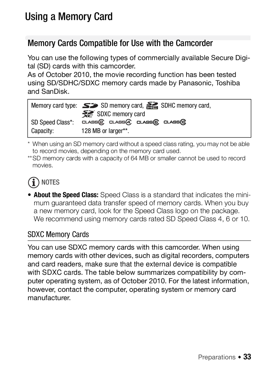 Canon HFM46, HFM406 Using a Memory Card, Memory Cards Compatible for Use with the Camcorder, Sdxc Memory Cards, Capacity 