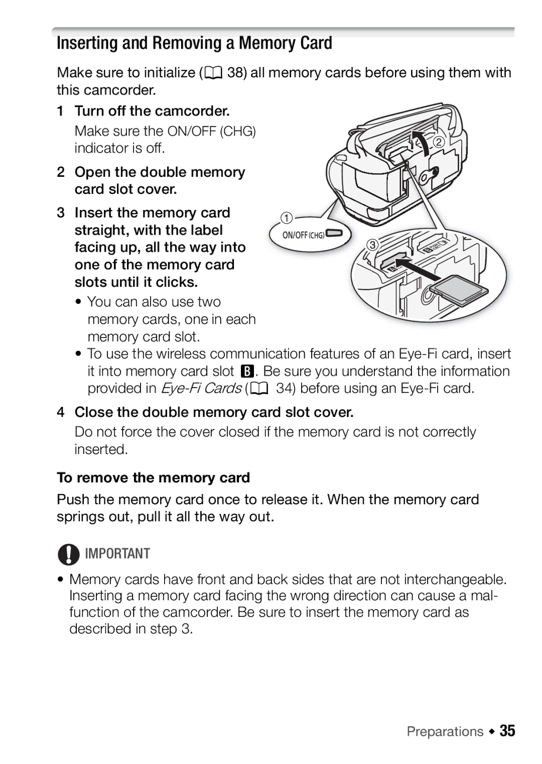 Canon HFM46, HFM406 instruction manual Inserting and Removing a Memory Card, To remove the memory card 