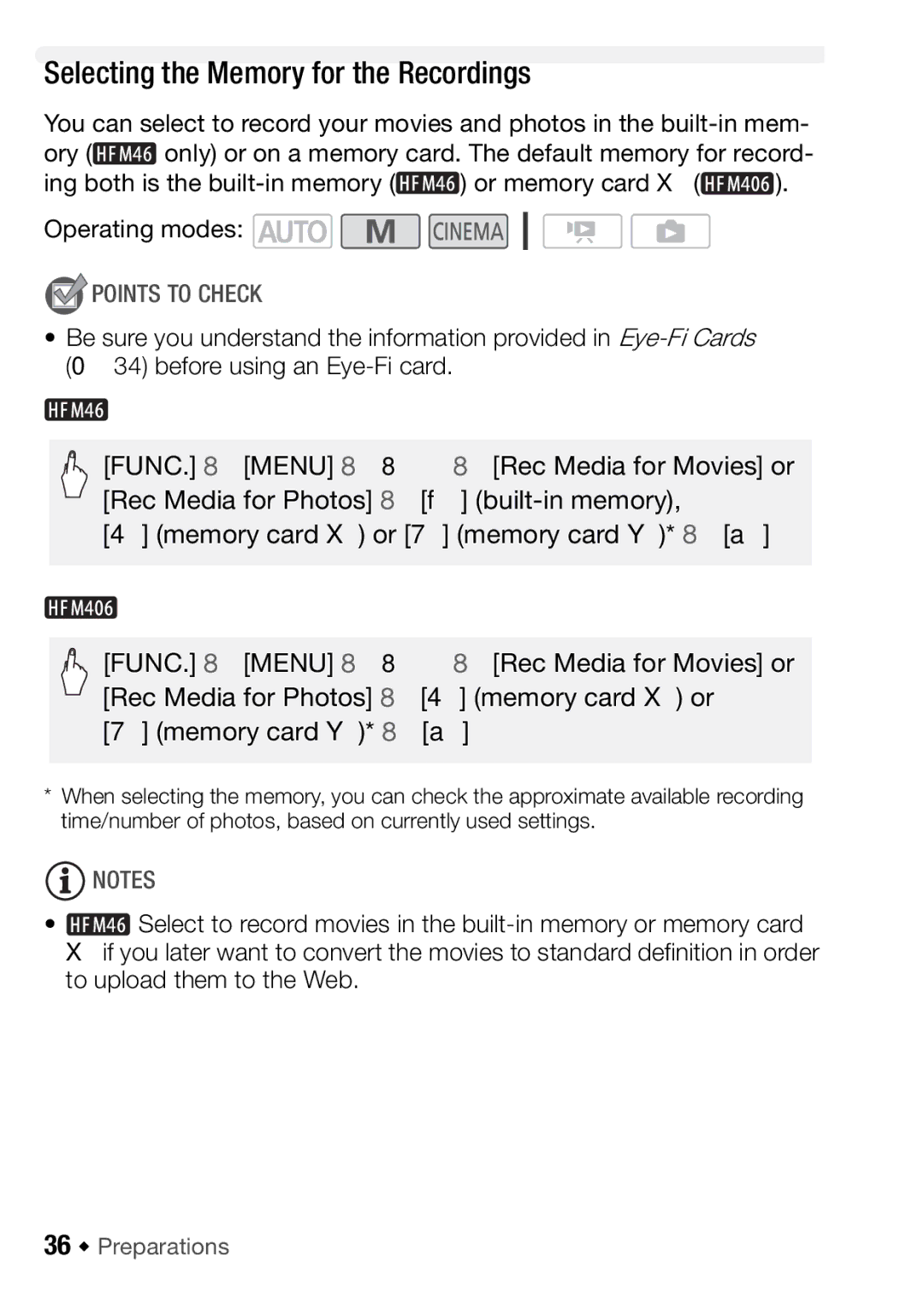 Canon HFM406, HFM46 instruction manual Selecting the Memory for the Recordings, 36 Š Preparations 