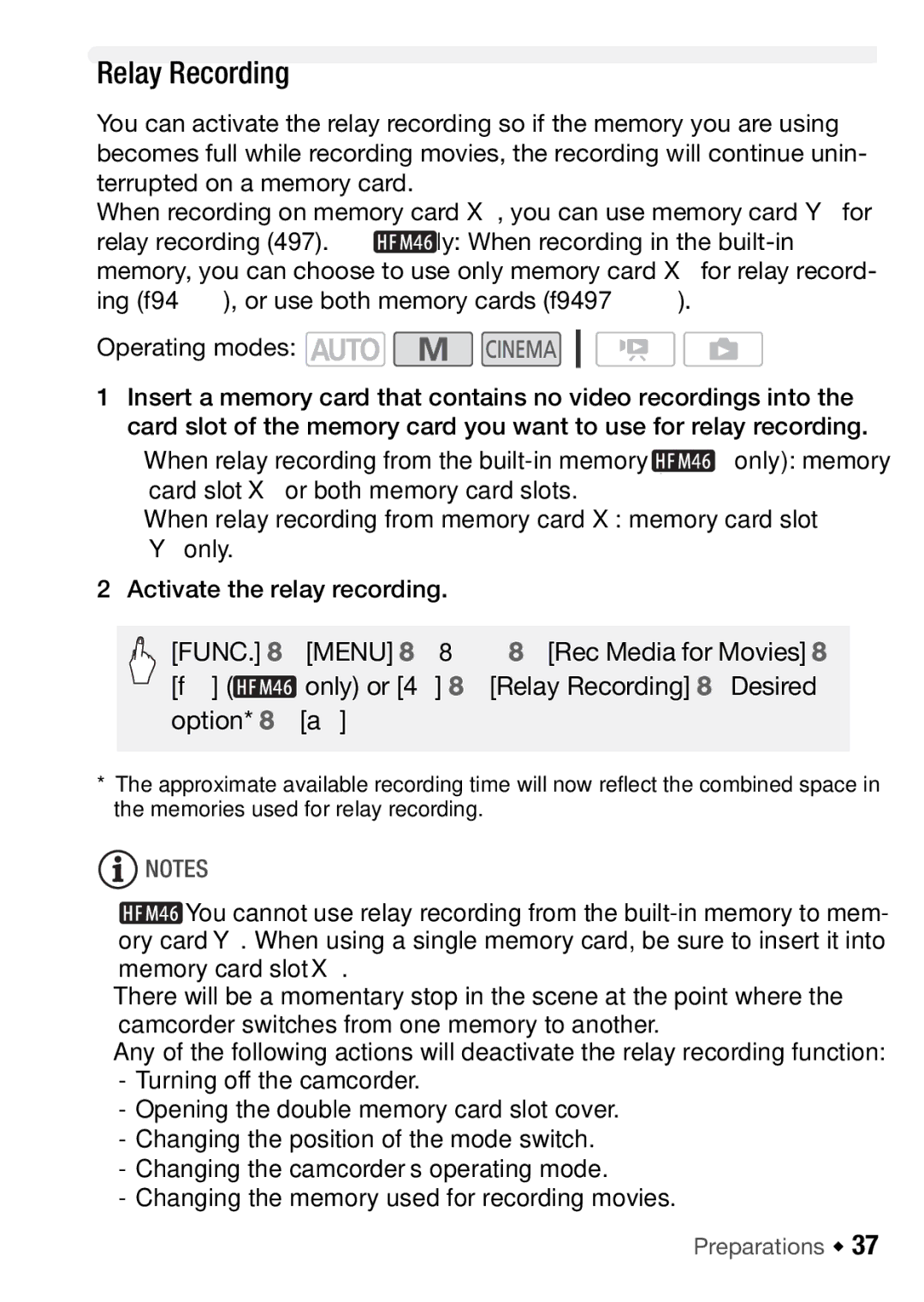 Canon HFM46, HFM406 instruction manual Relay Recording 