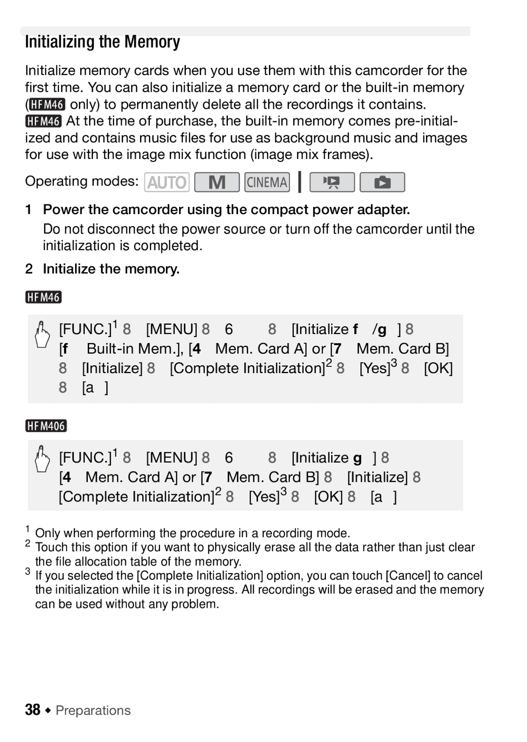 Canon HFM406, HFM46 instruction manual Initializing the Memory, 38 Š Preparations 