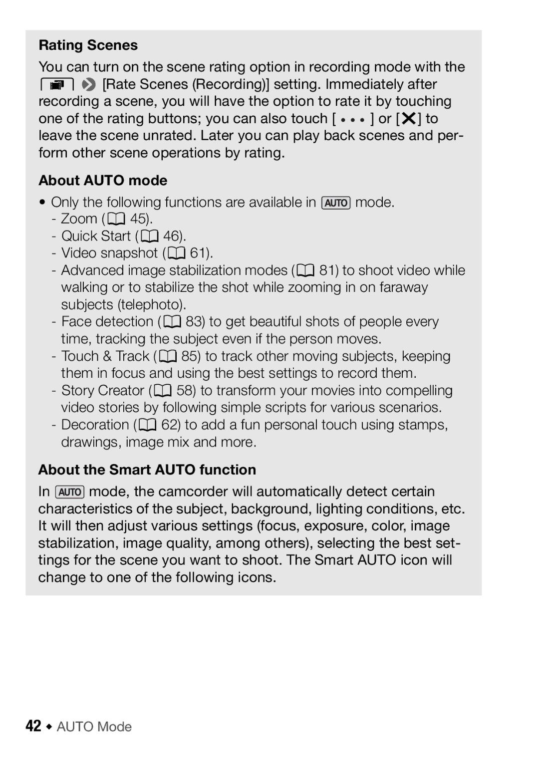 Canon HFM406, HFM46 instruction manual Rating Scenes, About Auto mode, About the Smart Auto function, 42 Š Auto Mode 