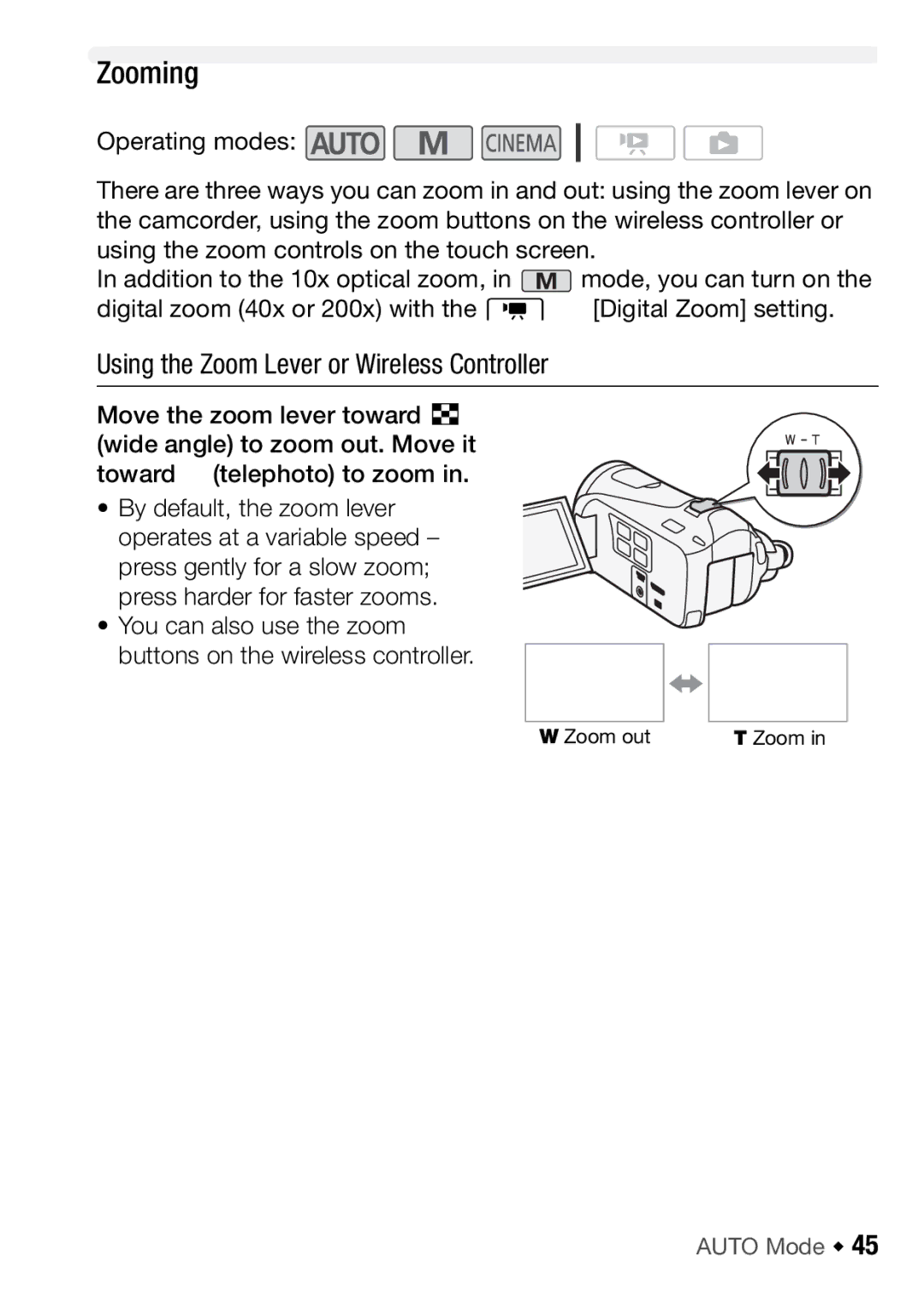 Canon HFM46, HFM406 instruction manual Zooming, Using the Zoom Lever or Wireless Controller 