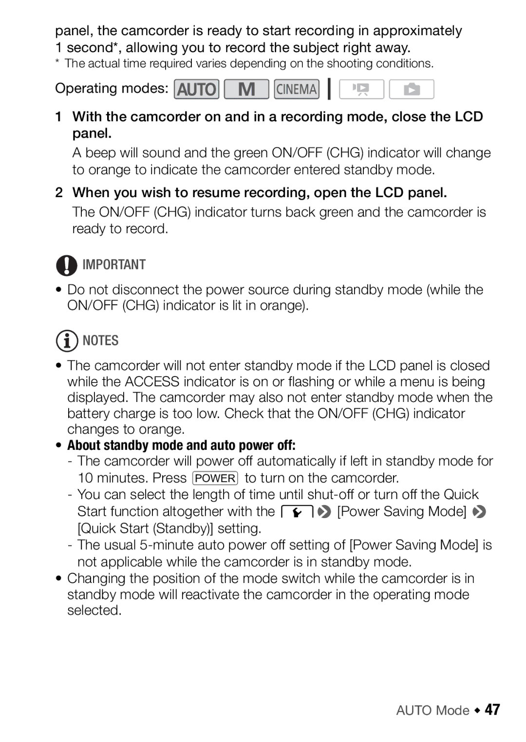 Canon HFM46, HFM406 instruction manual About standby mode and auto power off 