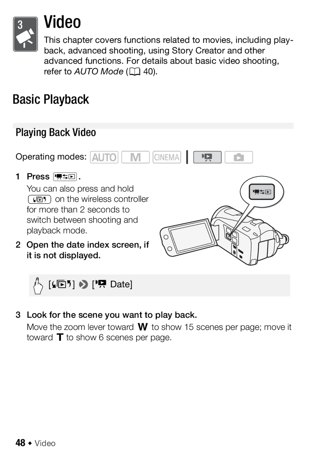 Canon HFM406, HFM46 instruction manual Basic Playback, Playing Back Video, 48 Š Video 