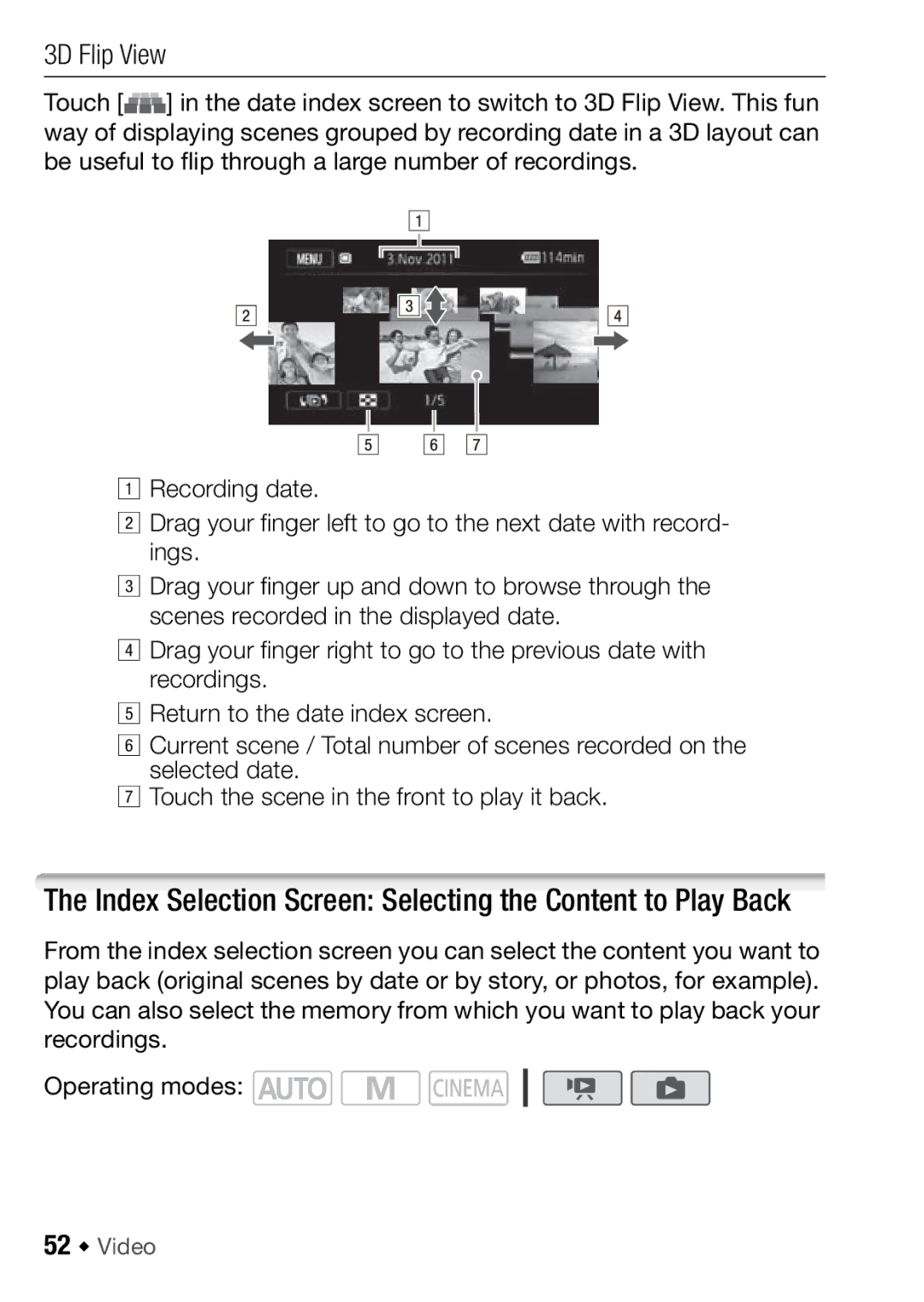 Canon HFM406, HFM46 instruction manual Index Selection Screen Selecting the Content to Play Back, 3D Flip View, 52 Š Video 