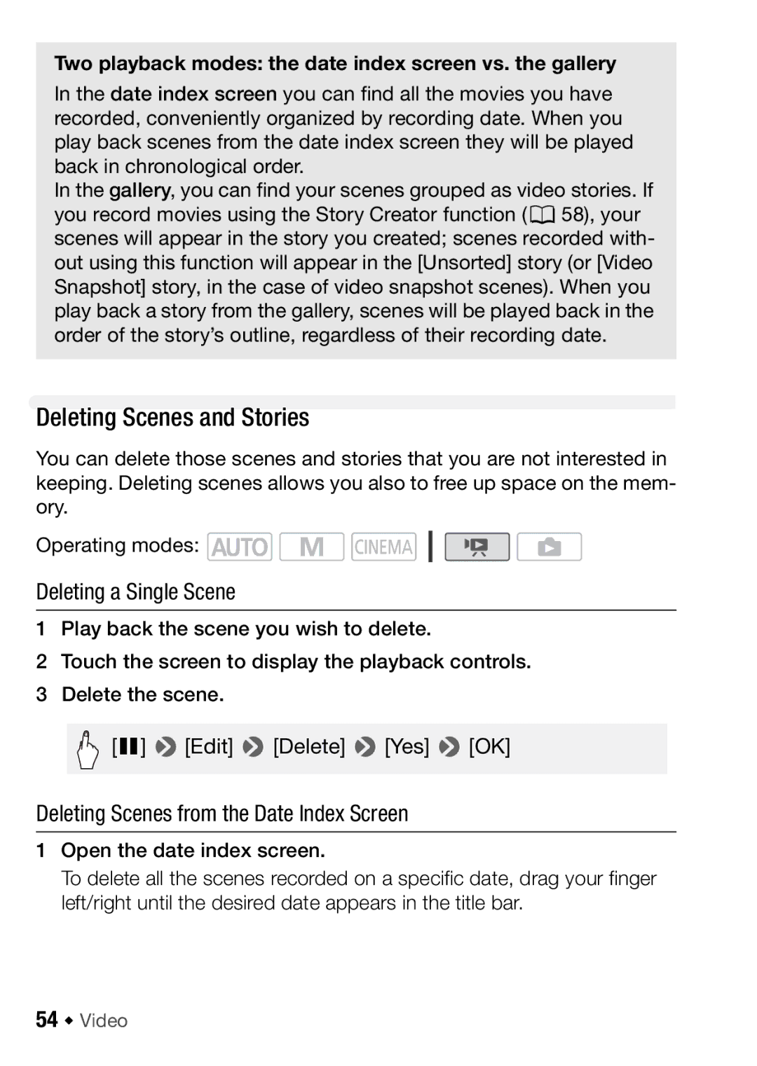 Canon HFM406 Deleting Scenes and Stories, Deleting a Single Scene, Deleting Scenes from the Date Index Screen, 54 Š Video 