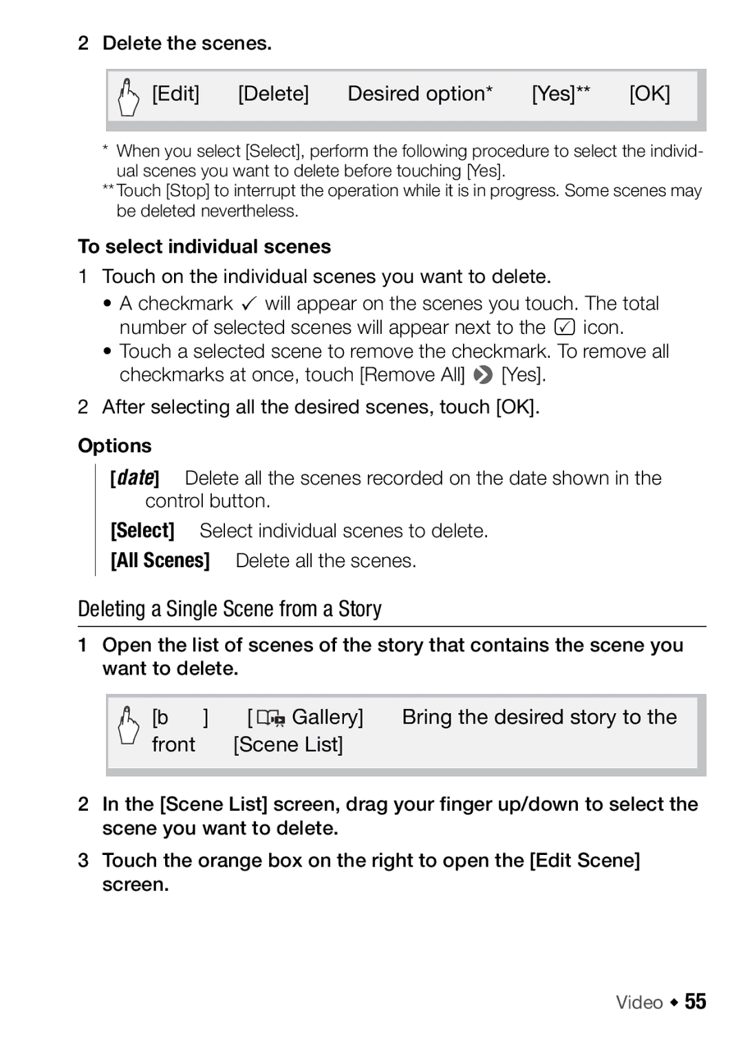 Canon HFM46, HFM406 instruction manual Deleting a Single Scene from a Story, To select individual scenes 