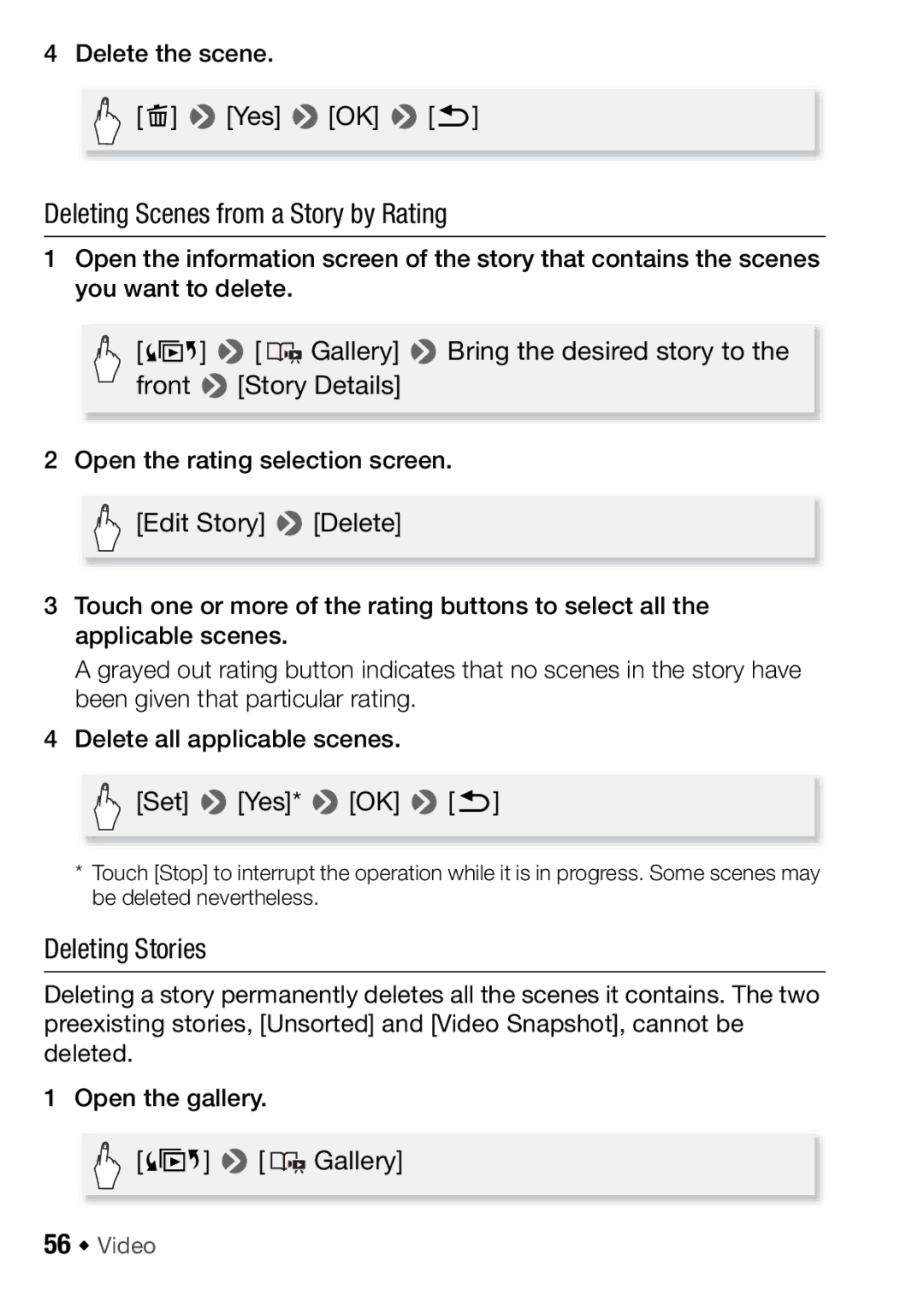 Canon HFM406, HFM46 instruction manual Deleting Scenes from a Story by Rating, Deleting Stories, 56 Š Video 