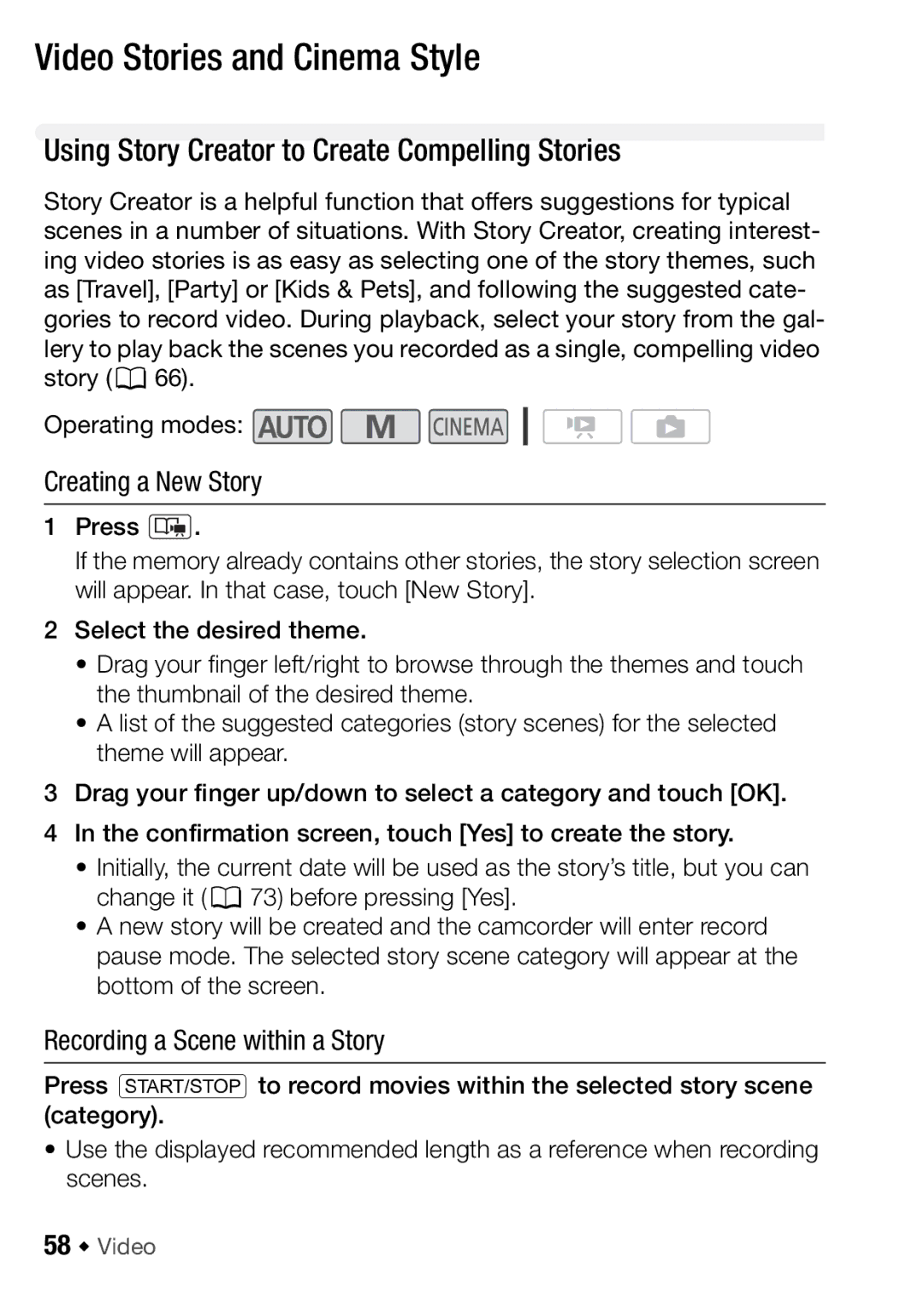 Canon HFM406, HFM46 Video Stories and Cinema Style, Using Story Creator to Create Compelling Stories, Creating a New Story 