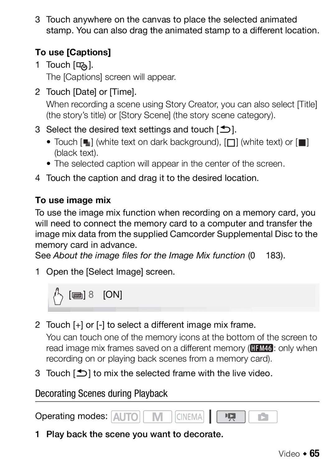 Canon HFM46, HFM406 instruction manual Decorating Scenes during Playback, To use Captions, To use image mix 