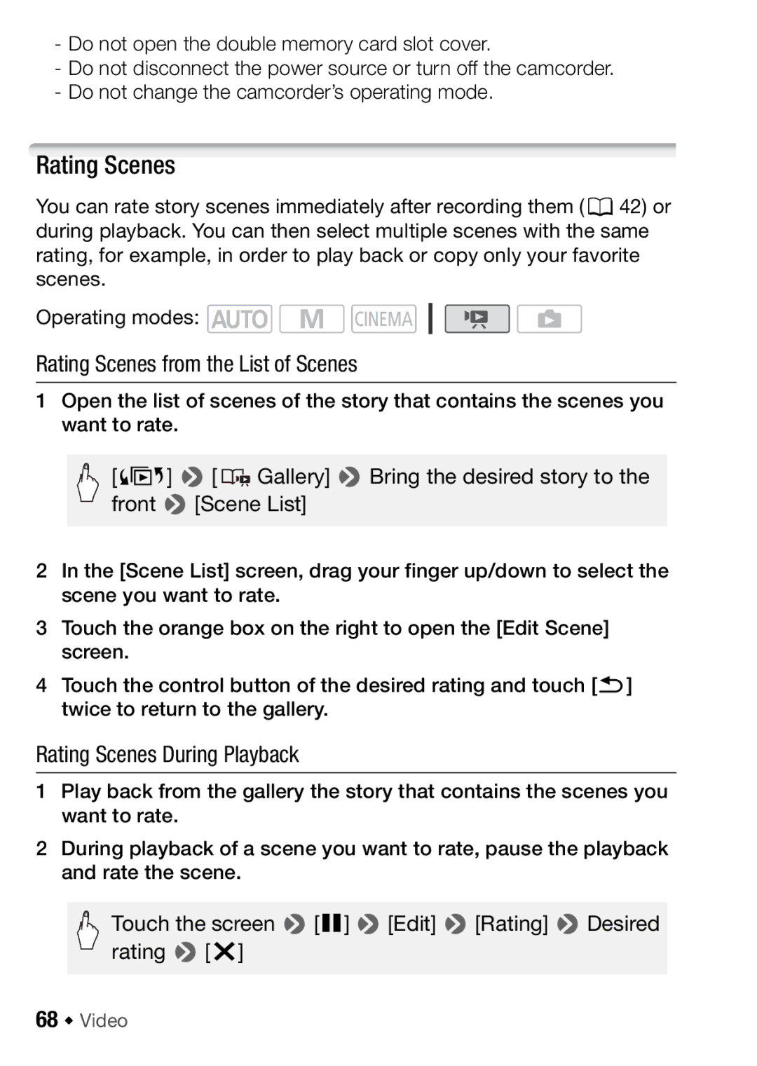 Canon HFM406, HFM46 instruction manual Rating Scenes from the List of Scenes, Rating Scenes During Playback, 68 Š Video 