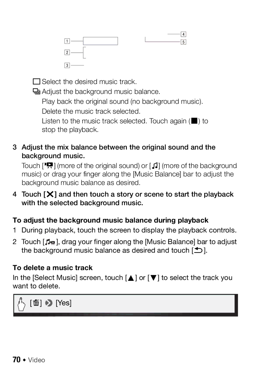 Canon HFM406, HFM46 To adjust the background music balance during playback, To delete a music track, 70 Š Video 