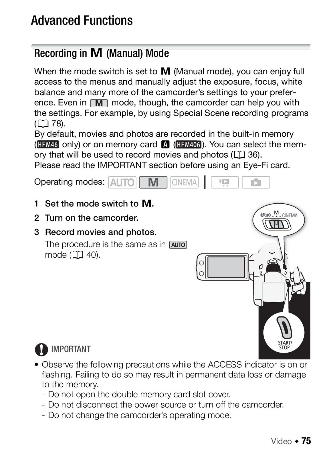 Canon HFM46, HFM406 instruction manual Advanced Functions, Recording in yManual Mode 