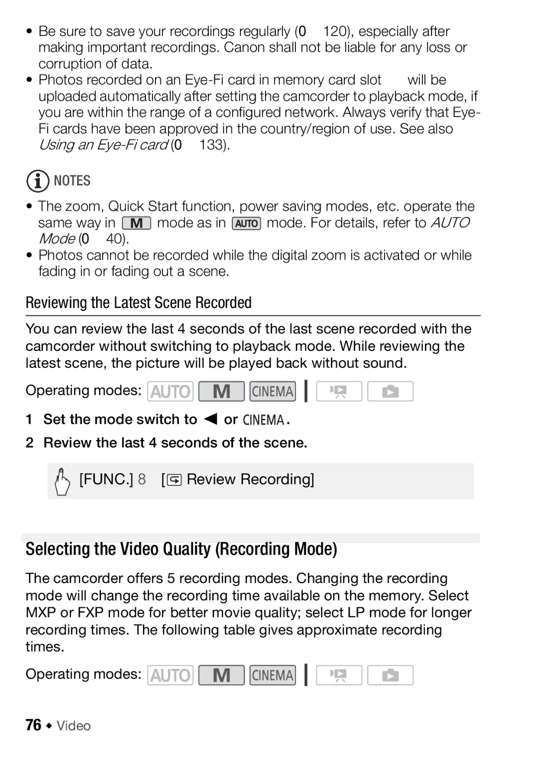 Canon HFM406, HFM46 Selecting the Video Quality Recording Mode, Reviewing the Latest Scene Recorded, 76 Š Video 