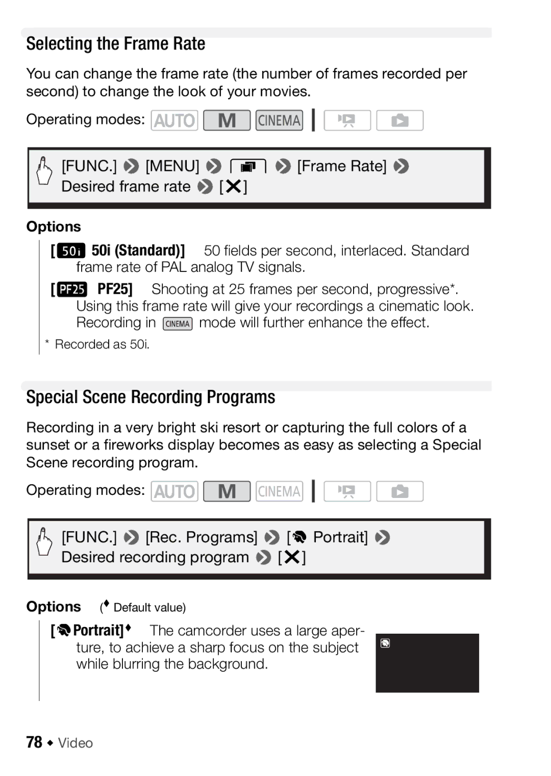 Canon HFM406, HFM46 instruction manual Selecting the Frame Rate, Special Scene Recording Programs, 78 Š Video, Recorded as 