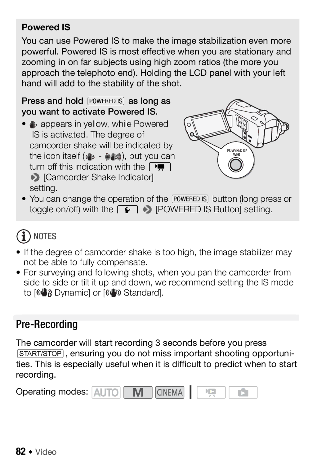 Canon HFM406, HFM46 instruction manual Pre-Recording, Powered is, 82 Š Video 