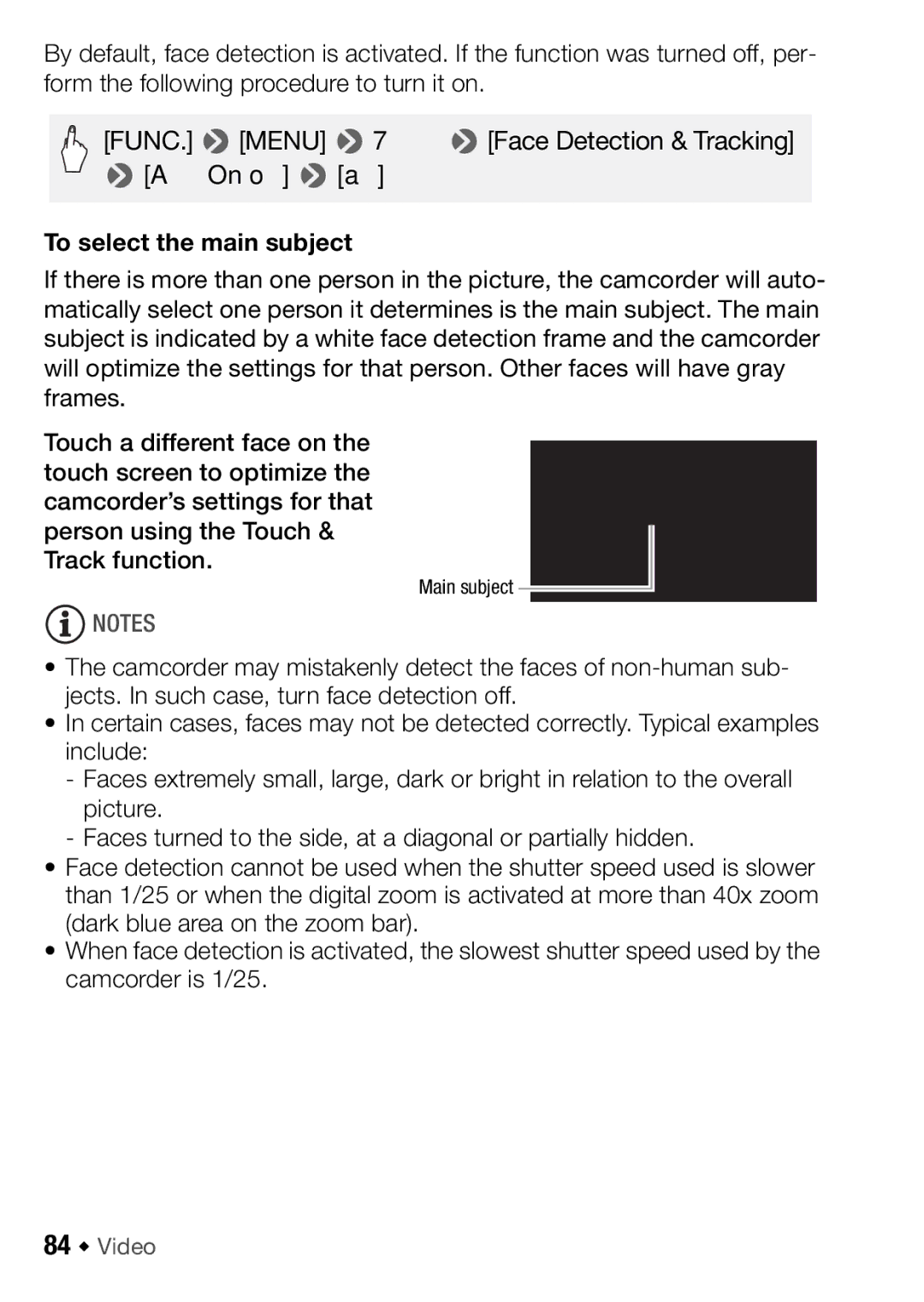 Canon HFM406, HFM46 instruction manual To select the main subject, 84 Š Video, Main subject 