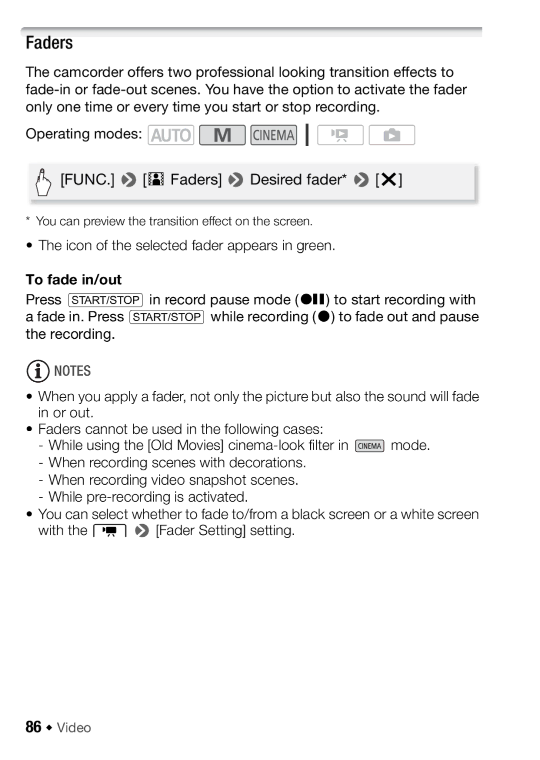 Canon HFM406, HFM46 Faders, To fade in/out, 86 Š Video, You can preview the transition effect on the screen 