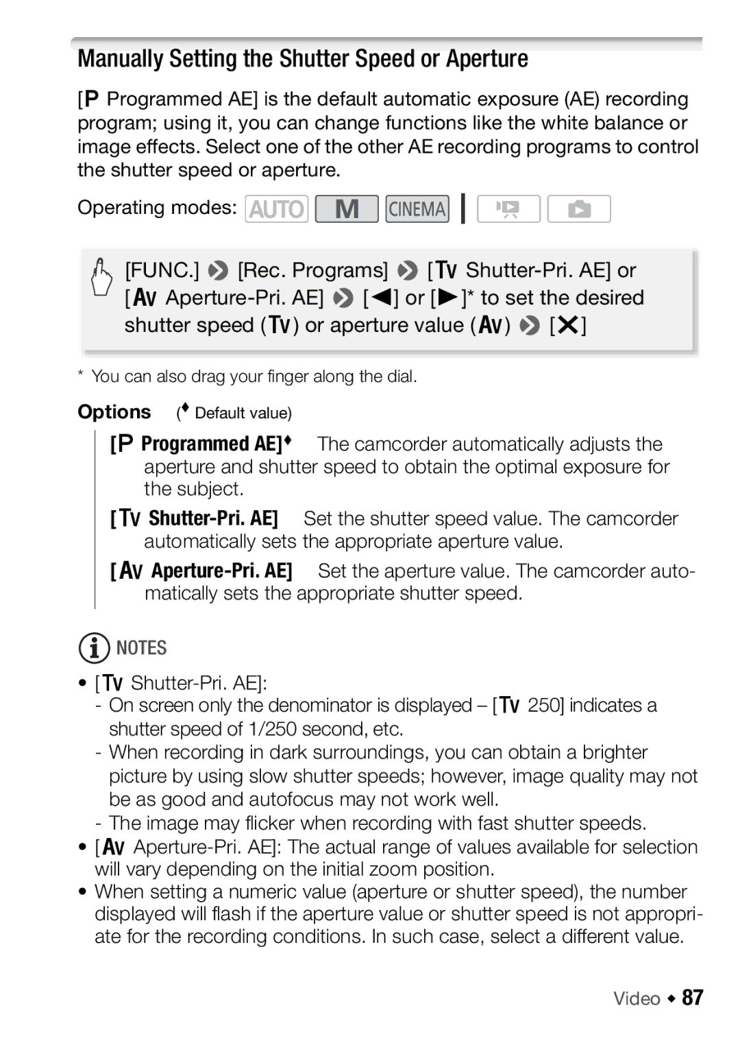 Canon HFM46, HFM406 instruction manual Manually Setting the Shutter Speed or Aperture 