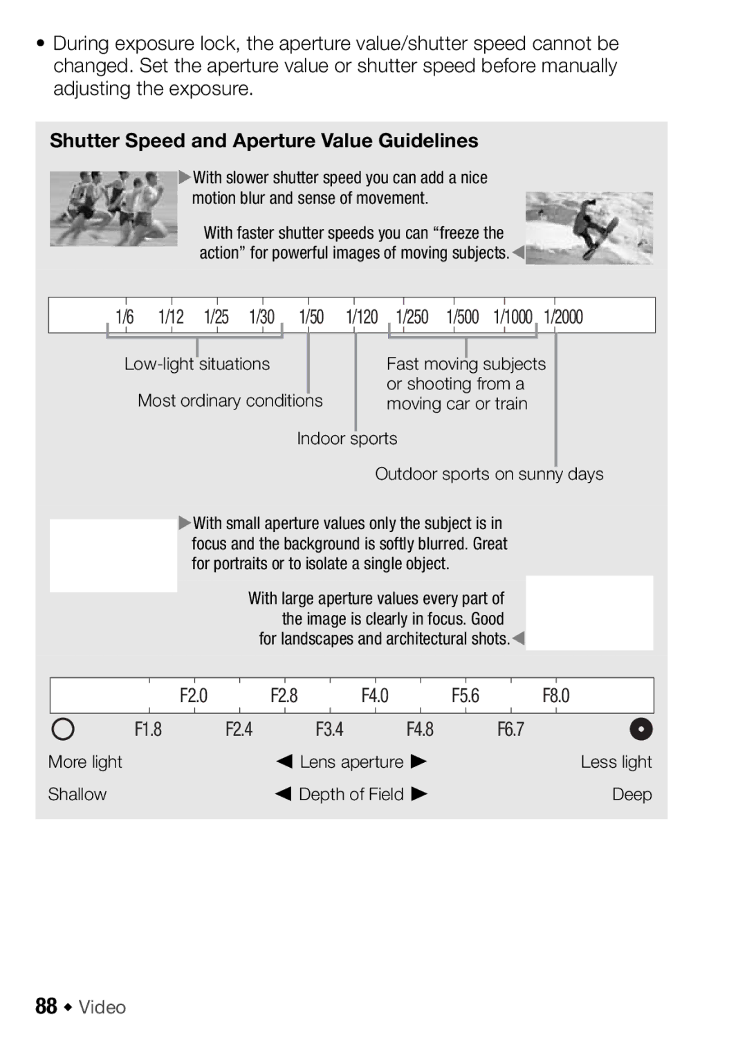 Canon HFM406, HFM46 Shutter Speed and Aperture Value Guidelines, 88 Š Video, For landscapes and architectural shots.W 