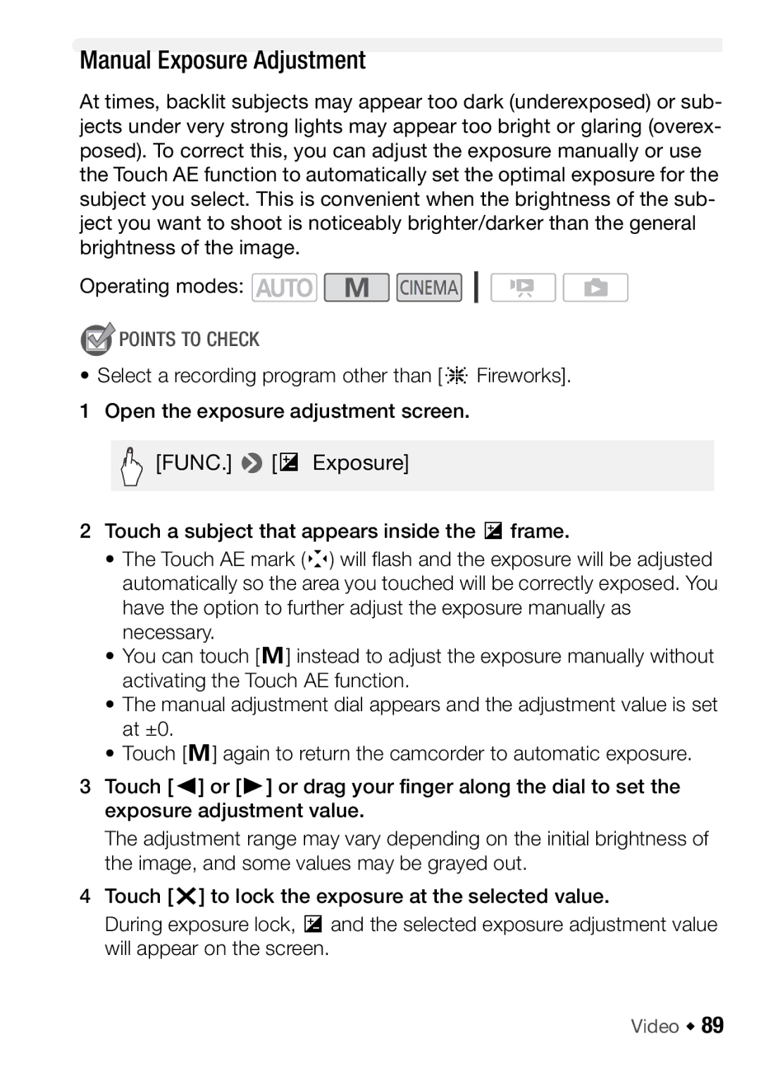 Canon HFM46, HFM406 instruction manual Manual Exposure Adjustment 