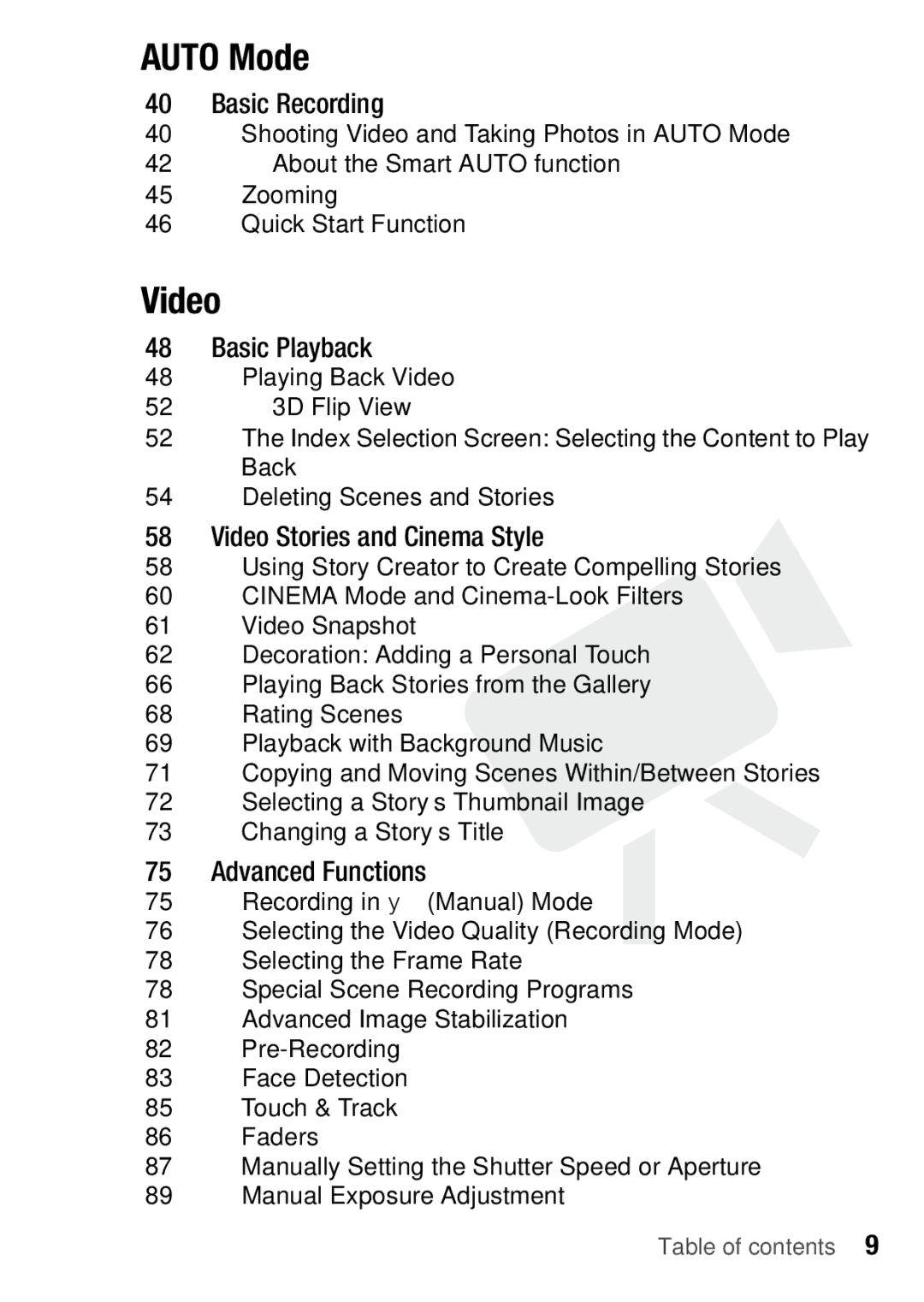 Canon HFM46, HFM406 instruction manual „ Auto Mode, Table of contents Š 