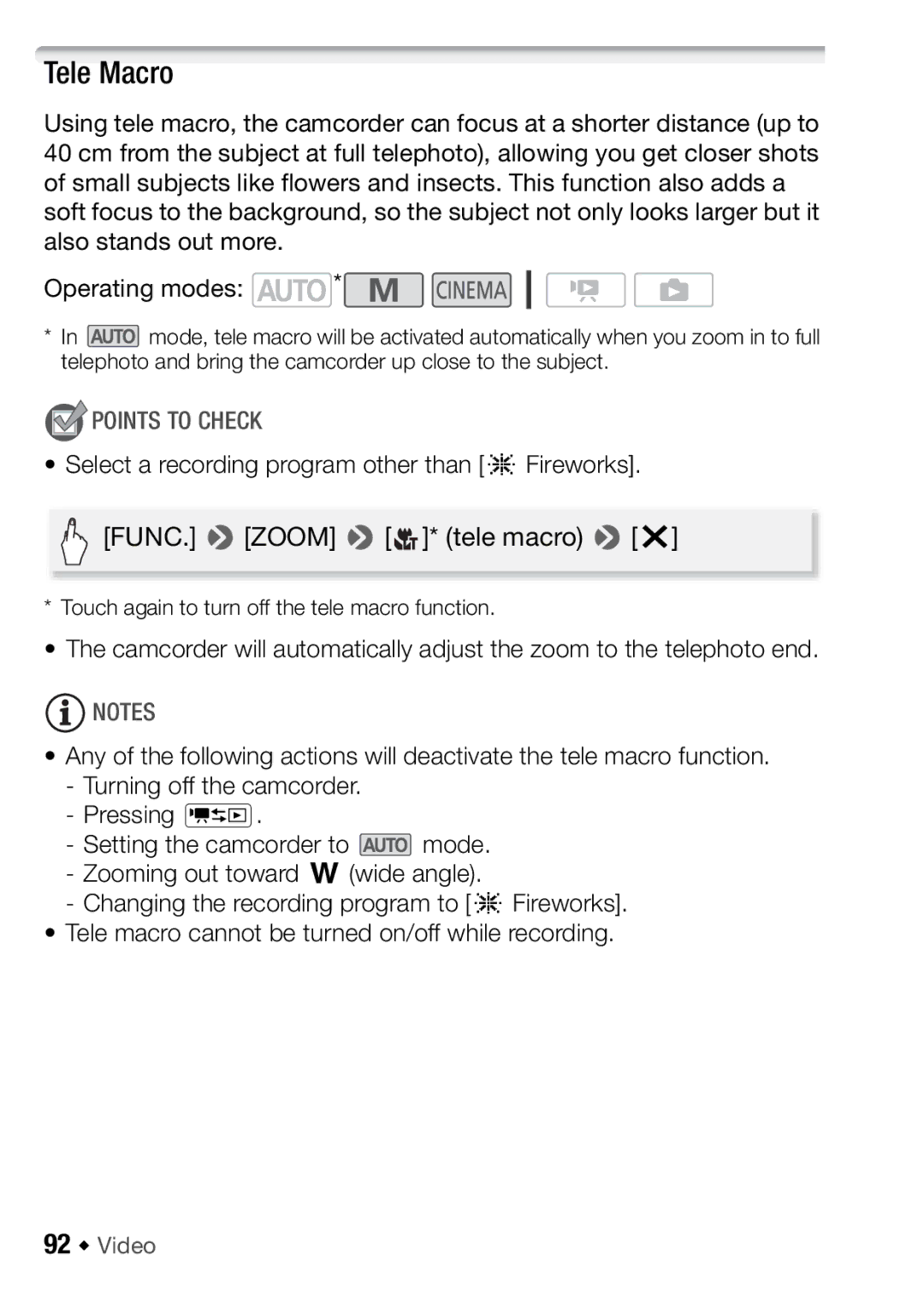 Canon HFM406, HFM46 instruction manual Tele Macro, 92 Š Video, Touch again to turn off the tele macro function 