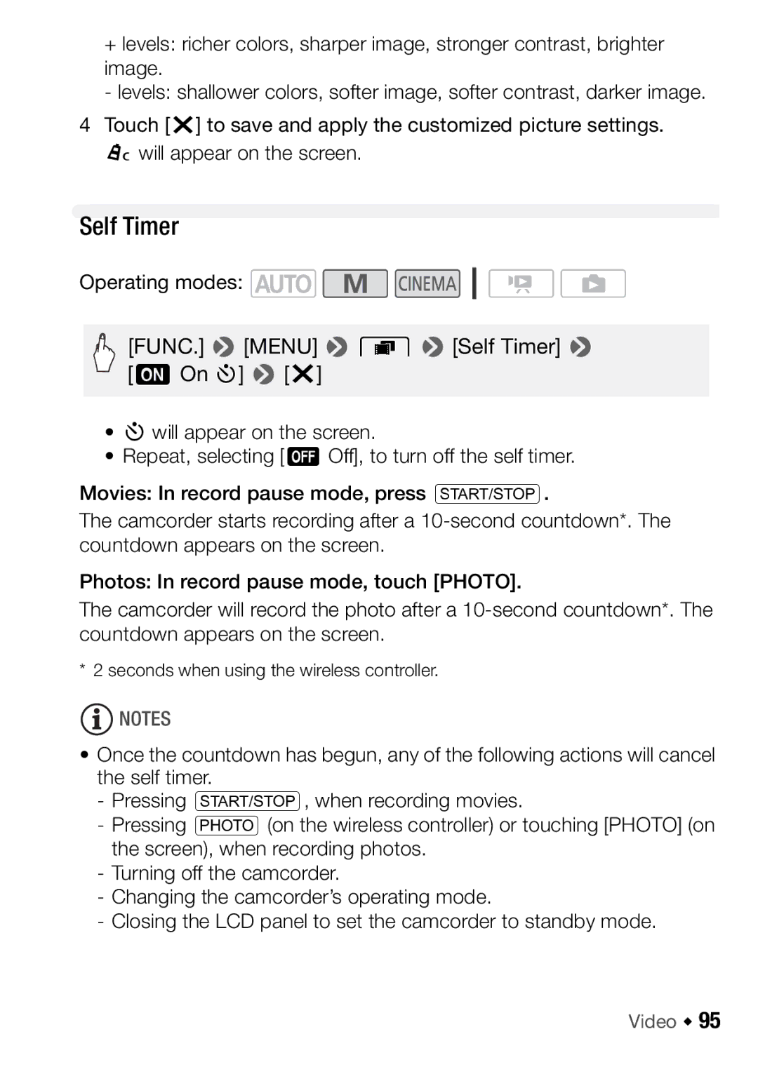 Canon HFM46, HFM406 instruction manual Self Timer, Seconds when using the wireless controller 