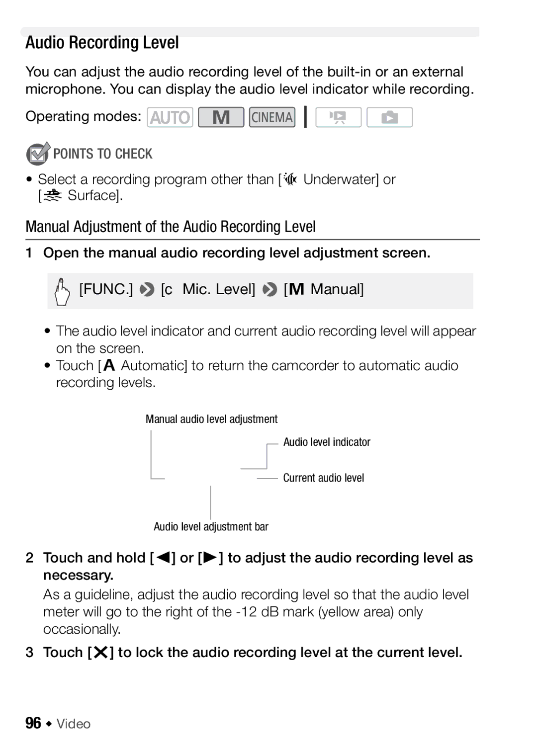 Canon HFM406, HFM46 instruction manual Manual Adjustment of the Audio Recording Level, 96 Š Video 