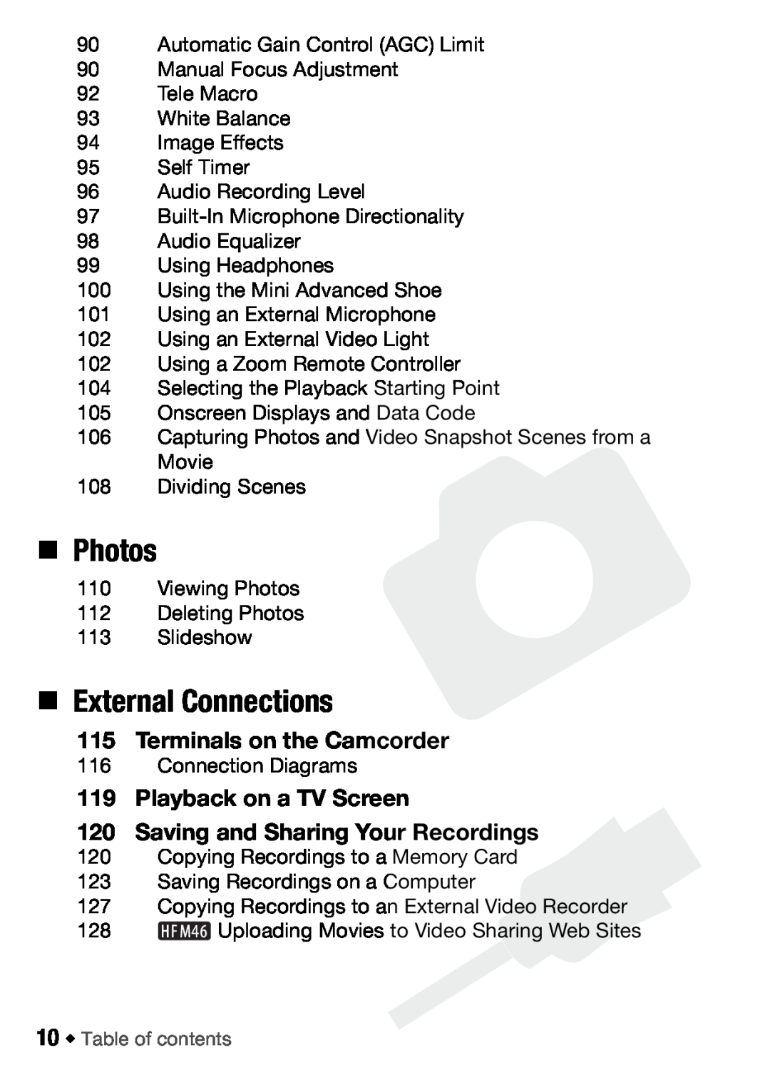 Canon HFM406, HFM46 instruction manual „ Photos, „ External Connections, Terminals on the Camcorder 