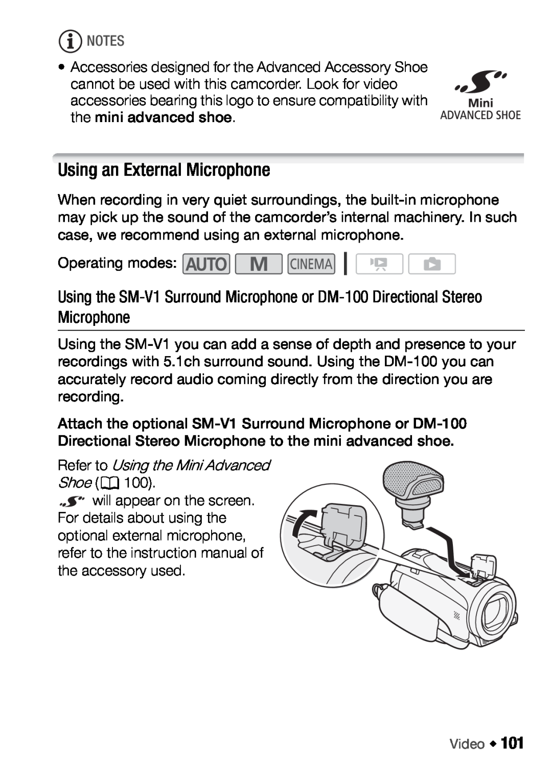 Canon HFM46, HFM406 instruction manual Using an External Microphone, Refer to Using the Mini Advanced 