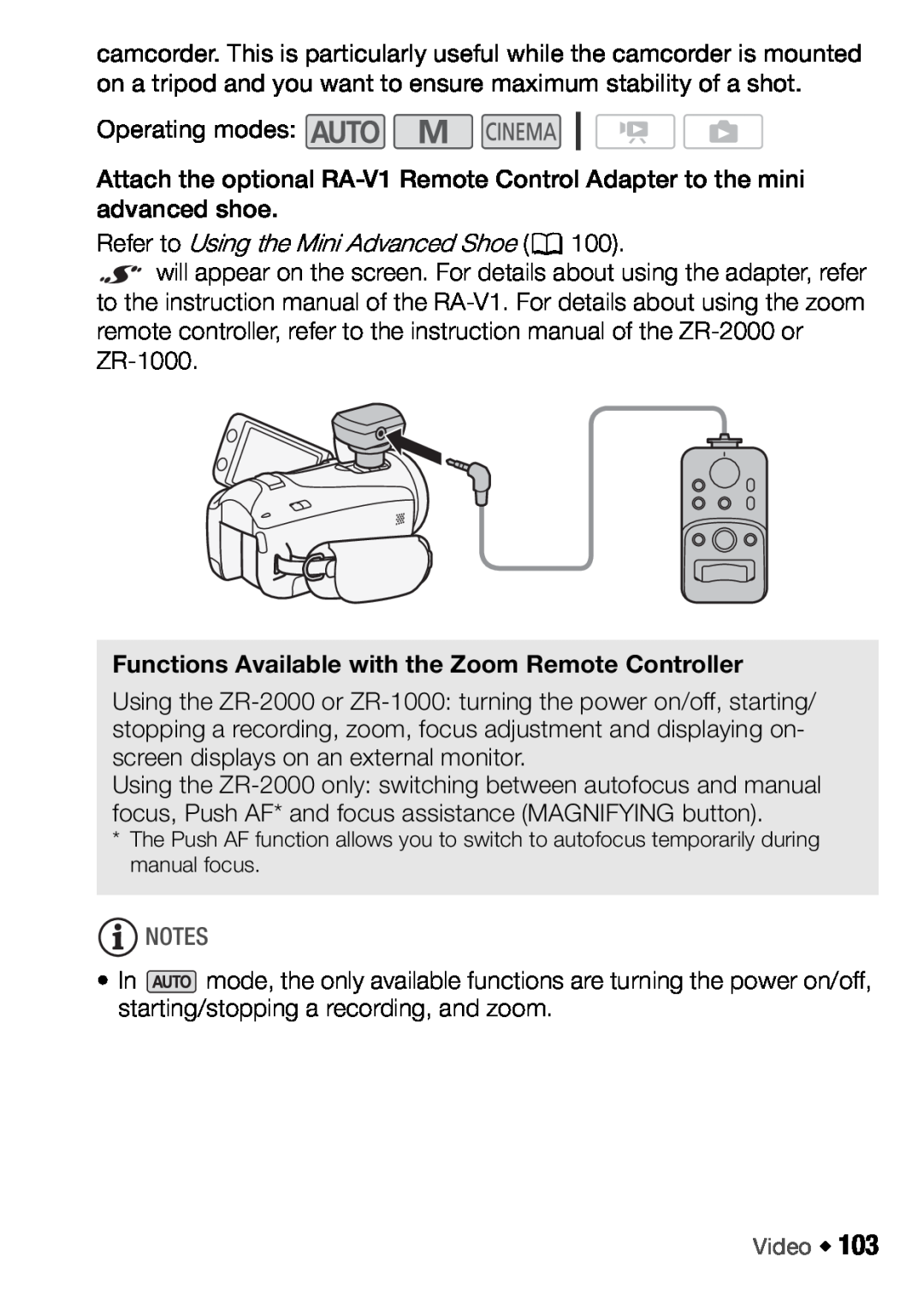 Canon HFM46, HFM406 Functions Available with the Zoom Remote Controller, Refer to Using the Mini Advanced Shoe 