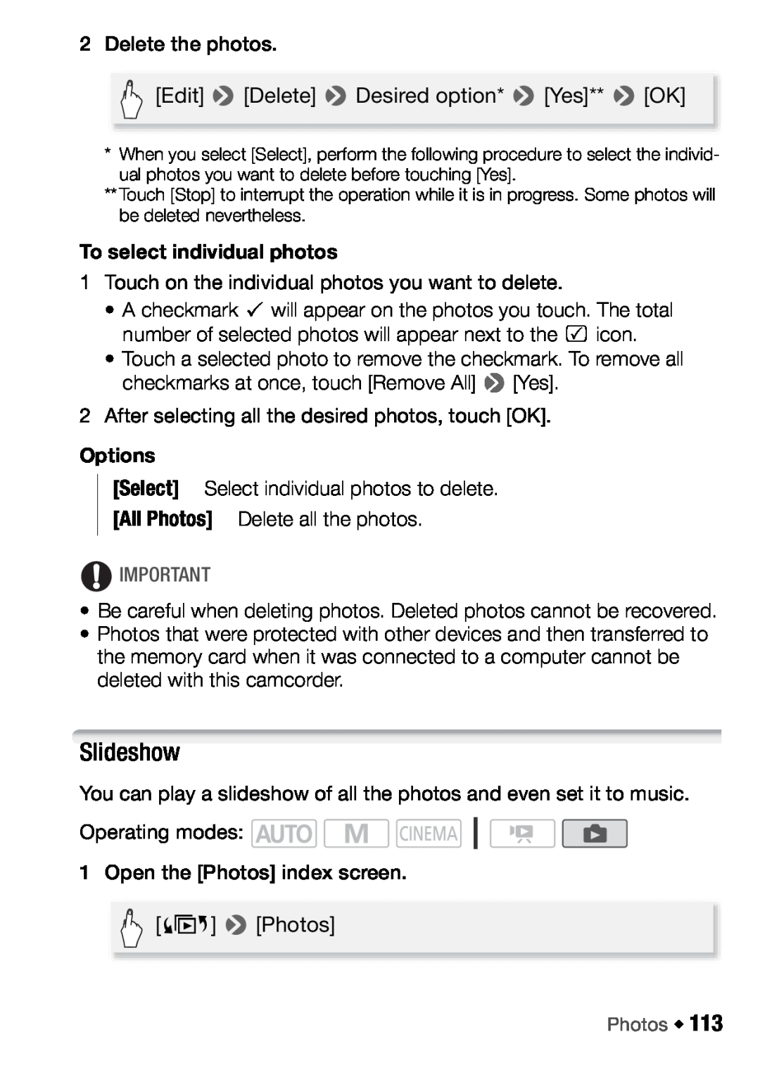 Canon HFM46, HFM406 instruction manual Slideshow, To select individual photos, Options 