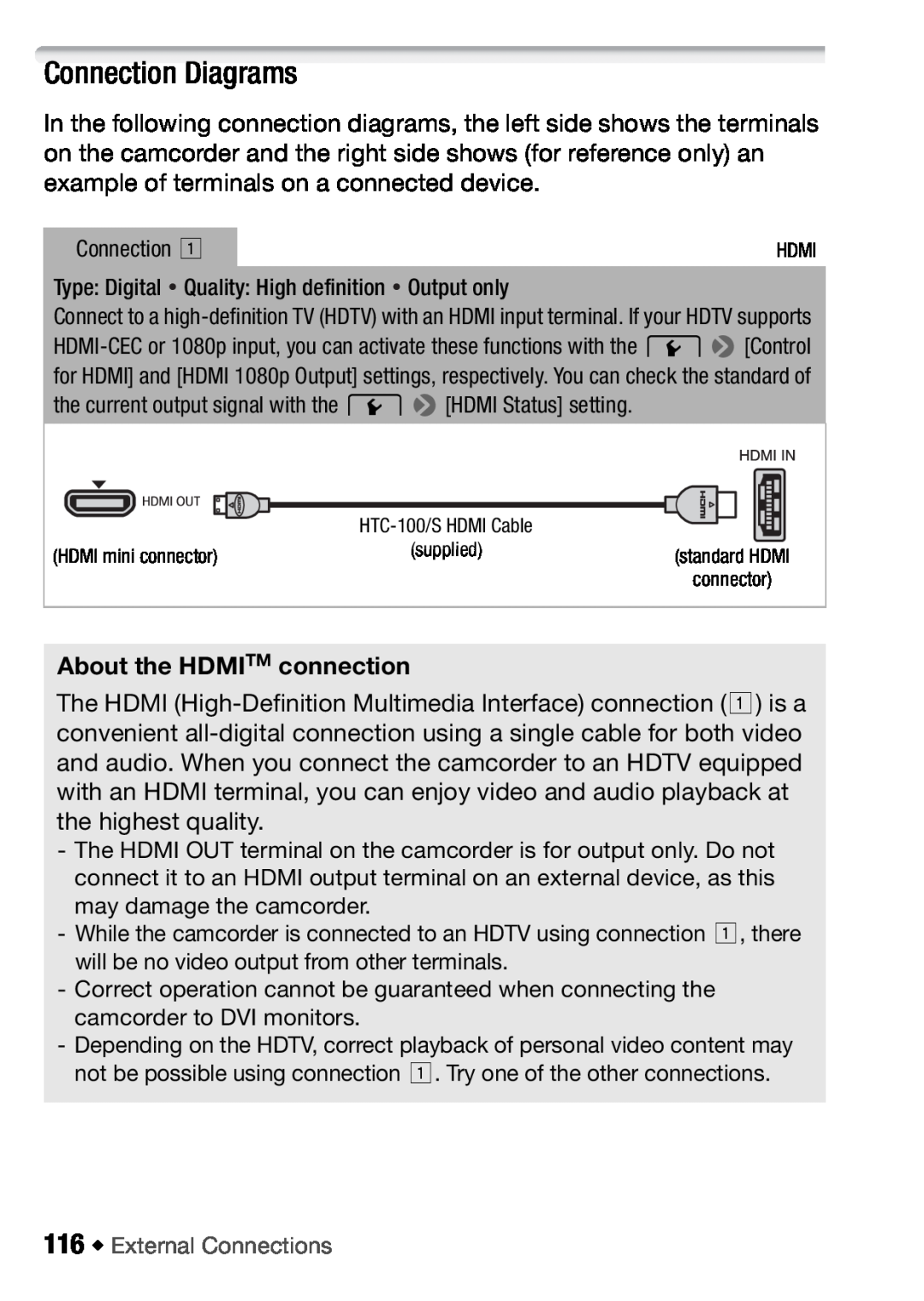Canon HFM406, HFM46 instruction manual Connection Diagrams, About the HDMITM connection 