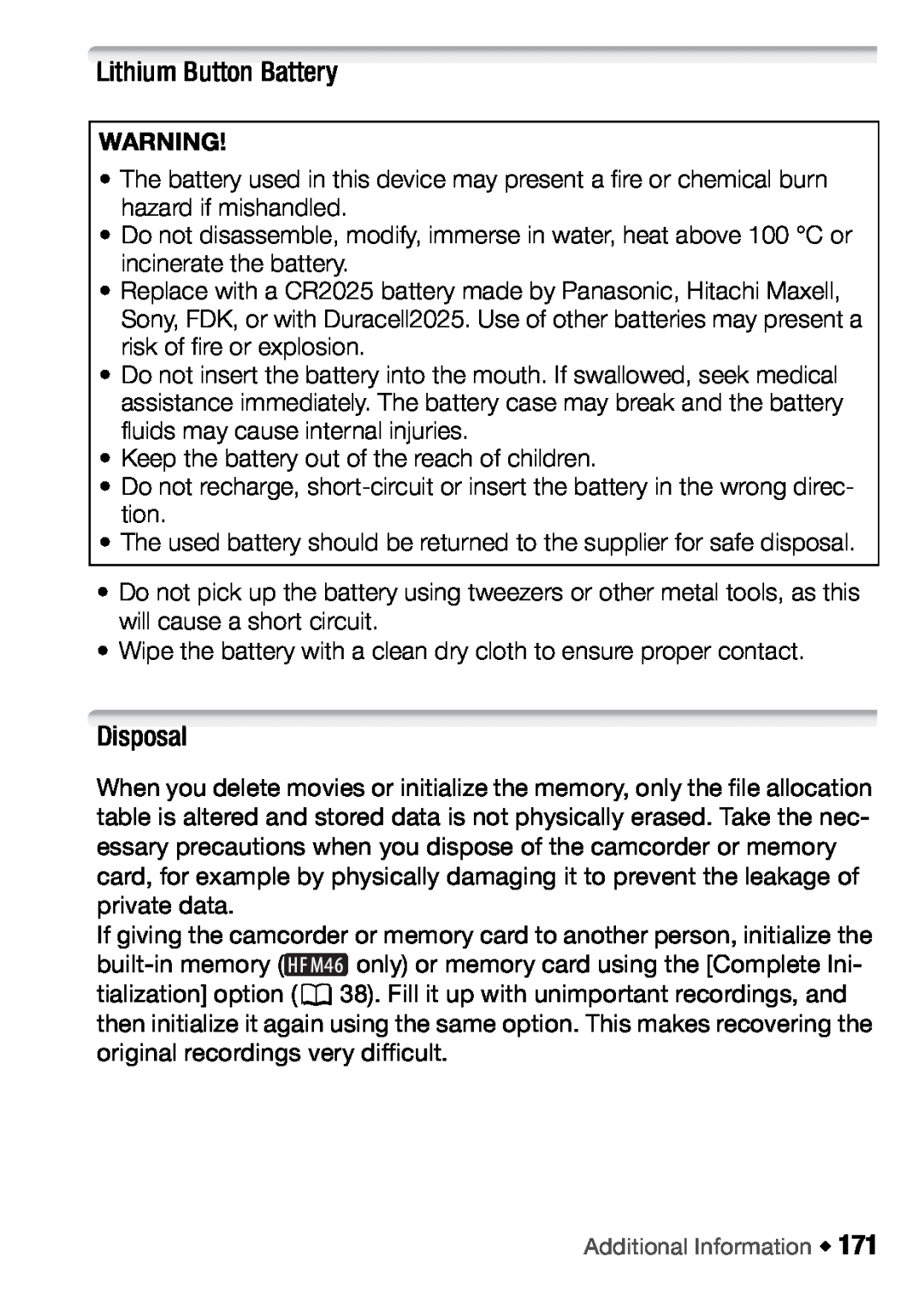 Canon HFM46, HFM406 instruction manual Lithium Button Battery, Disposal 