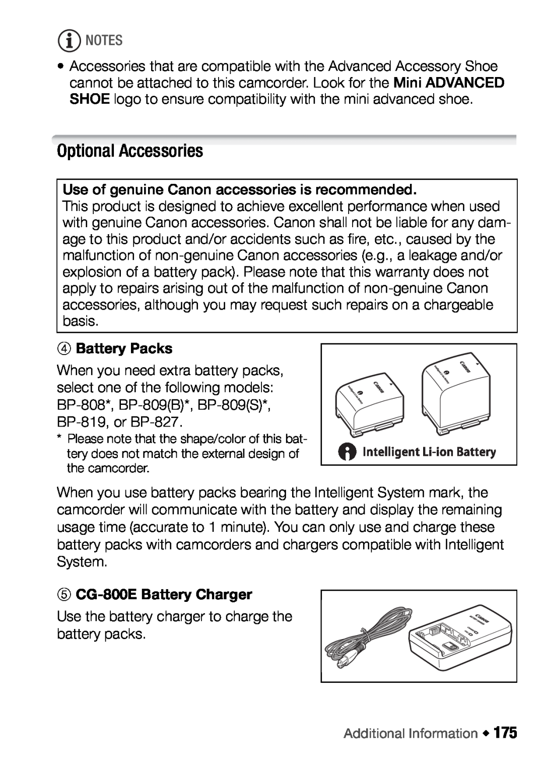 Canon HFM46, HFM406 instruction manual Optional Accessories, Battery Packs, 5 CG-800E Battery Charger 
