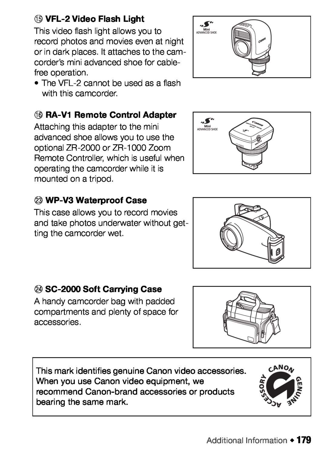 Canon HFM46, HFM406 instruction manual gA VFL-2 Video Flash Light, hA RA-V1 Remote Control Adapter, dS WP-V3 Waterproof Case 