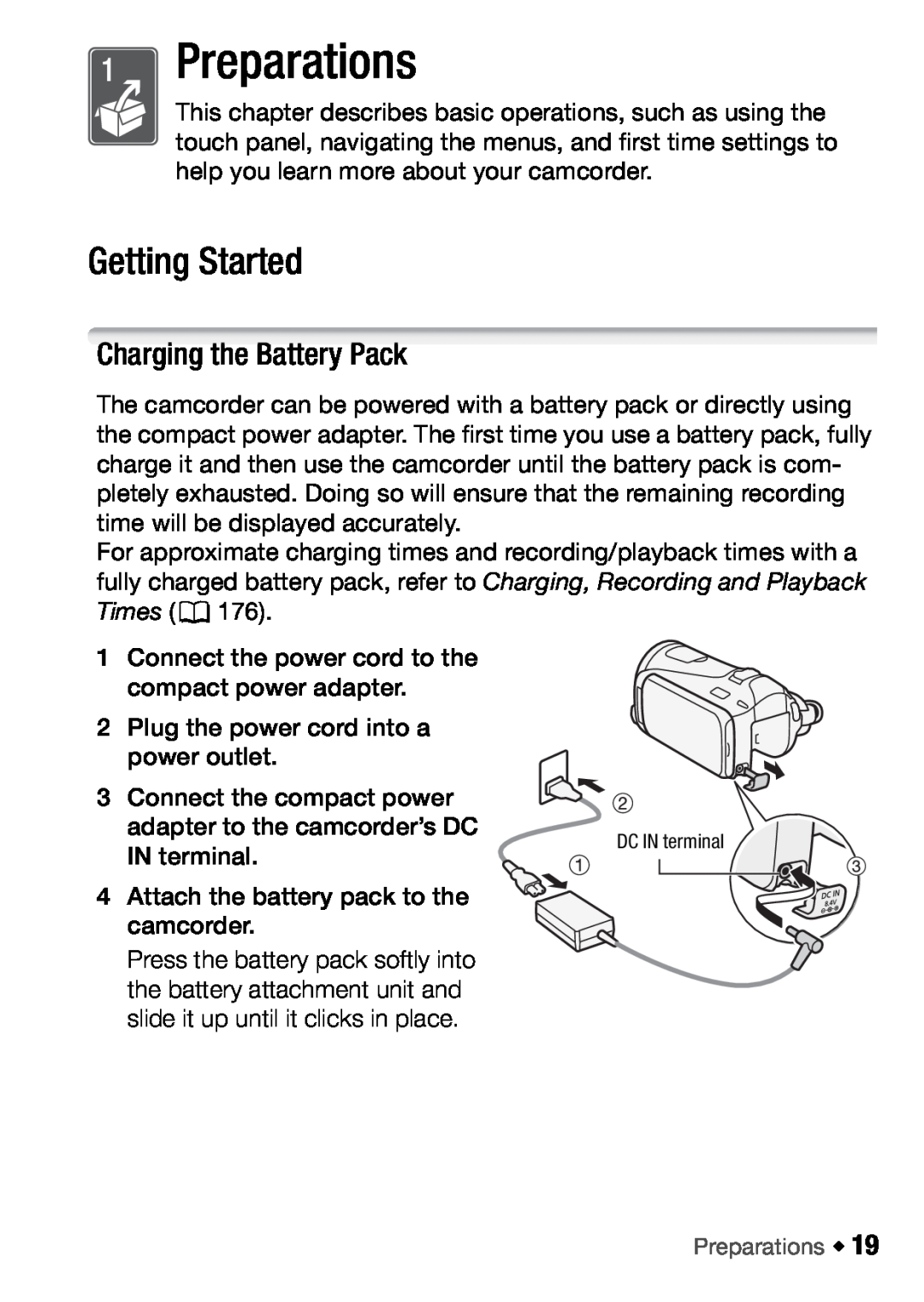 Canon HFM46, HFM406 instruction manual Preparations, Getting Started, Charging the Battery Pack 