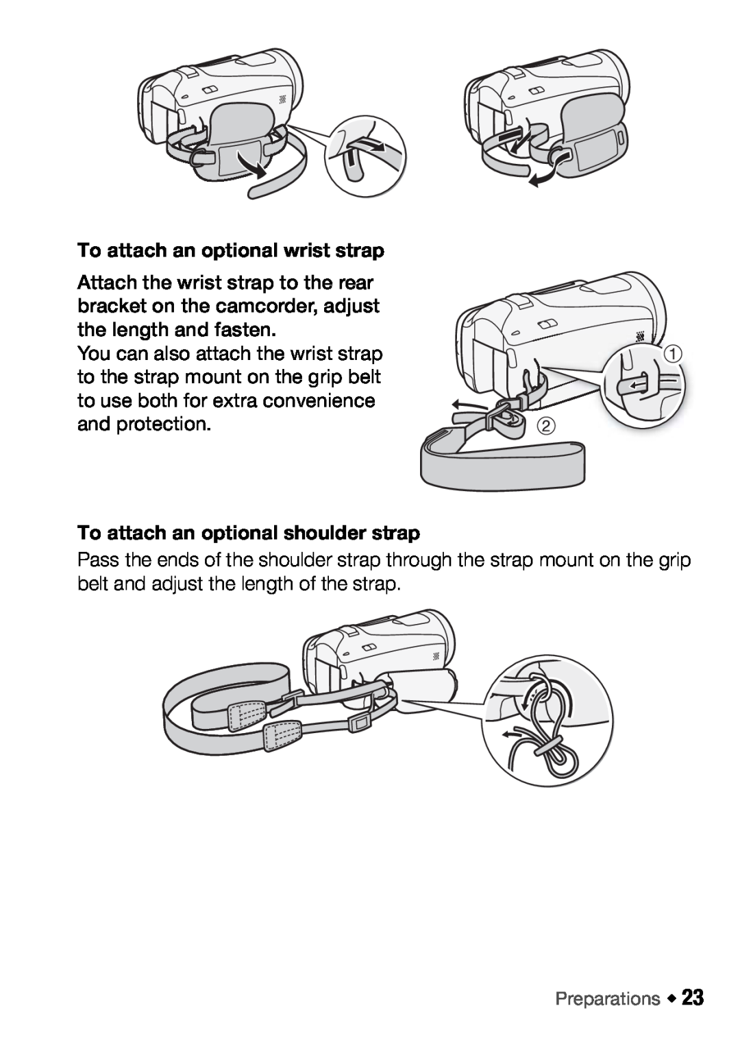 Canon HFM46, HFM406 instruction manual To attach an optional wrist strap, To attach an optional shoulder strap 
