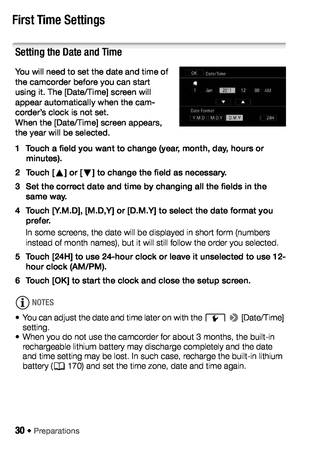 Canon HFM406, HFM46 instruction manual First Time Settings, Setting the Date and Time 