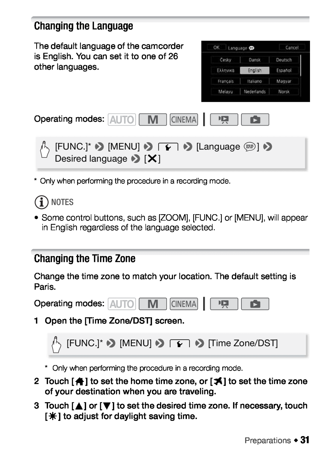 Canon HFM46, HFM406 instruction manual Changing the Language, Changing the Time Zone 