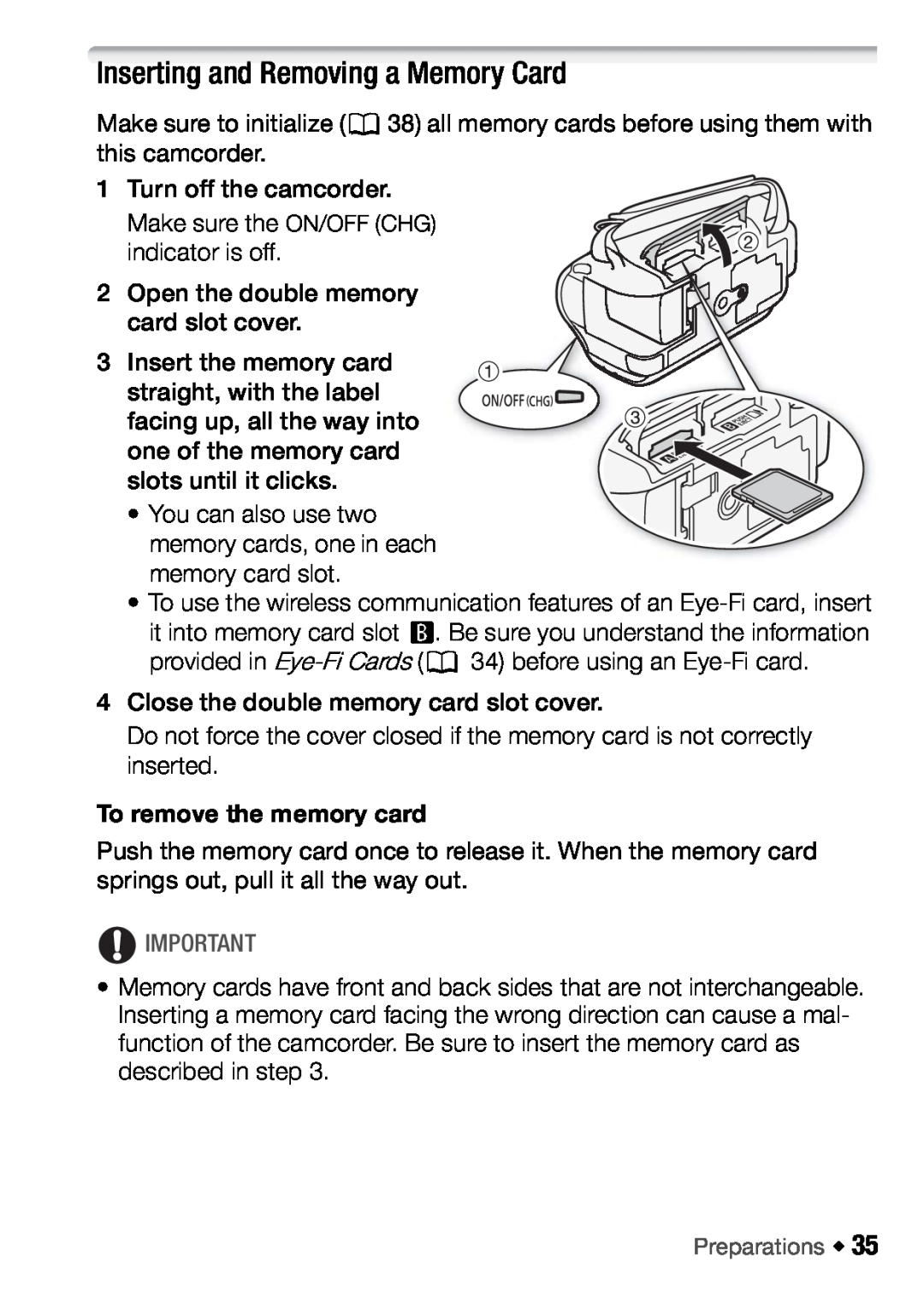 Canon HFM46, HFM406 instruction manual Inserting and Removing a Memory Card, To remove the memory card 