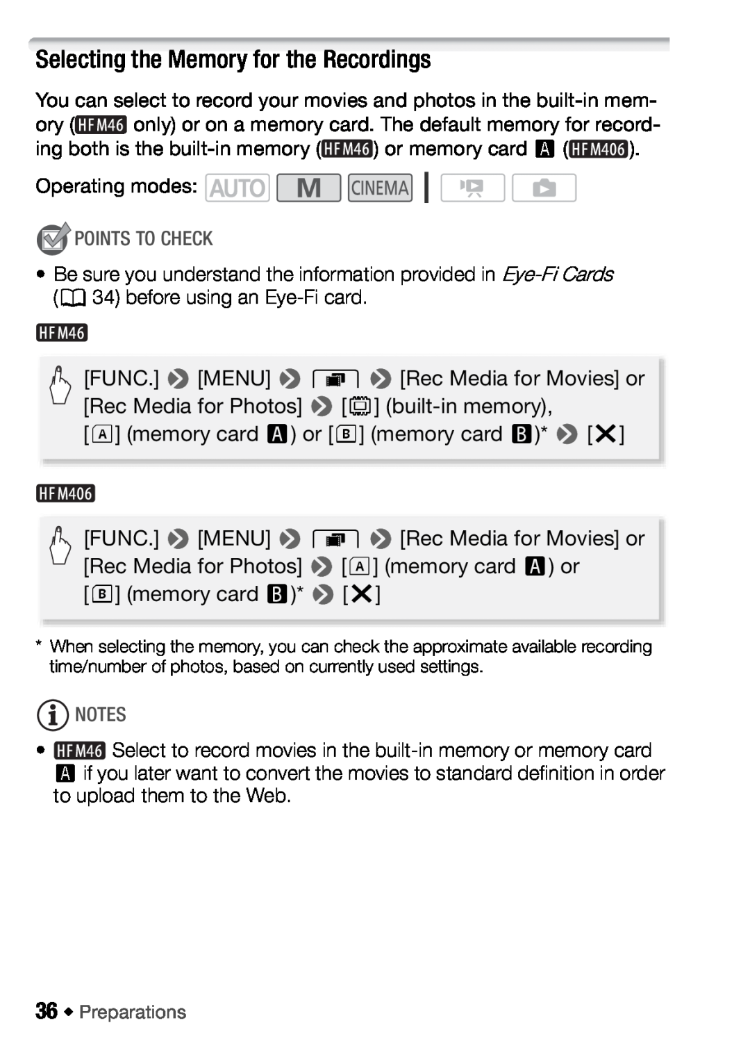 Canon HFM406, HFM46 instruction manual Selecting the Memory for the Recordings, Points To Check 