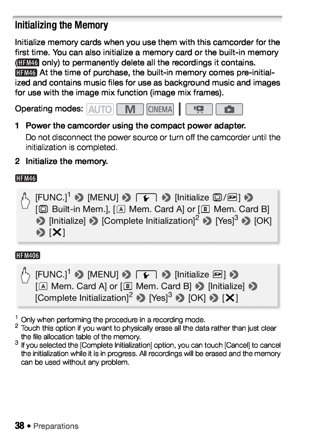 Canon HFM406, HFM46 instruction manual Initializing the Memory 