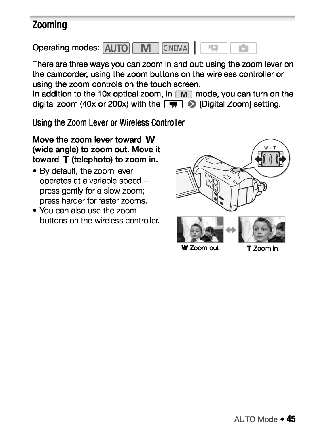 Canon HFM46, HFM406 instruction manual Zooming, Using the Zoom Lever or Wireless Controller 