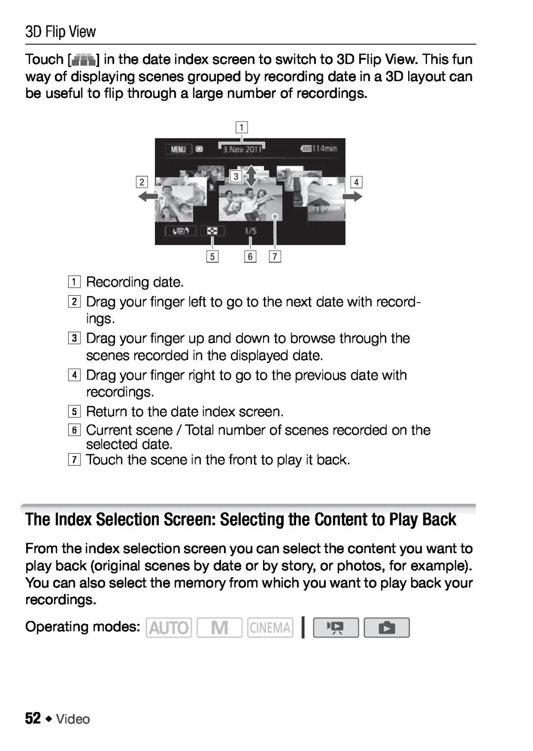 Canon HFM406, HFM46 instruction manual The Index Selection Screen Selecting the Content to Play Back, 3D Flip View 
