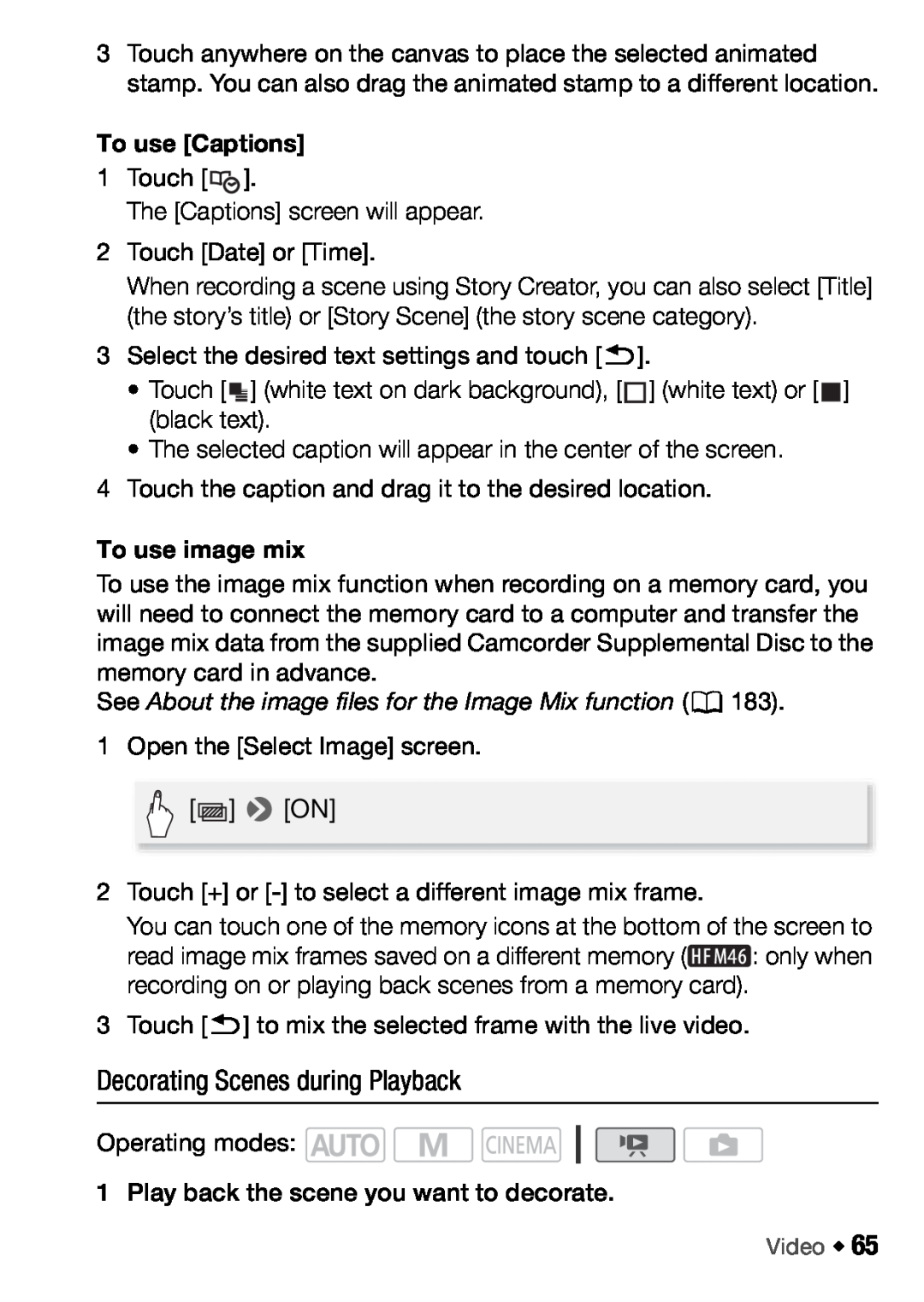Canon HFM46, HFM406 instruction manual Decorating Scenes during Playback, To use Captions, To use image mix 