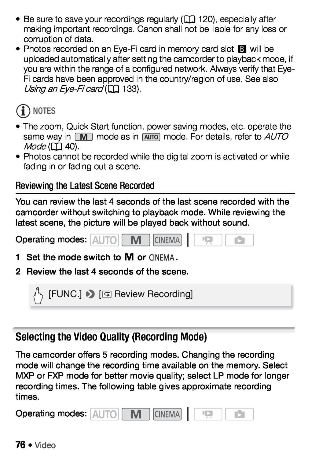 Canon HFM406, HFM46 instruction manual Selecting the Video Quality Recording Mode, Reviewing the Latest Scene Recorded 
