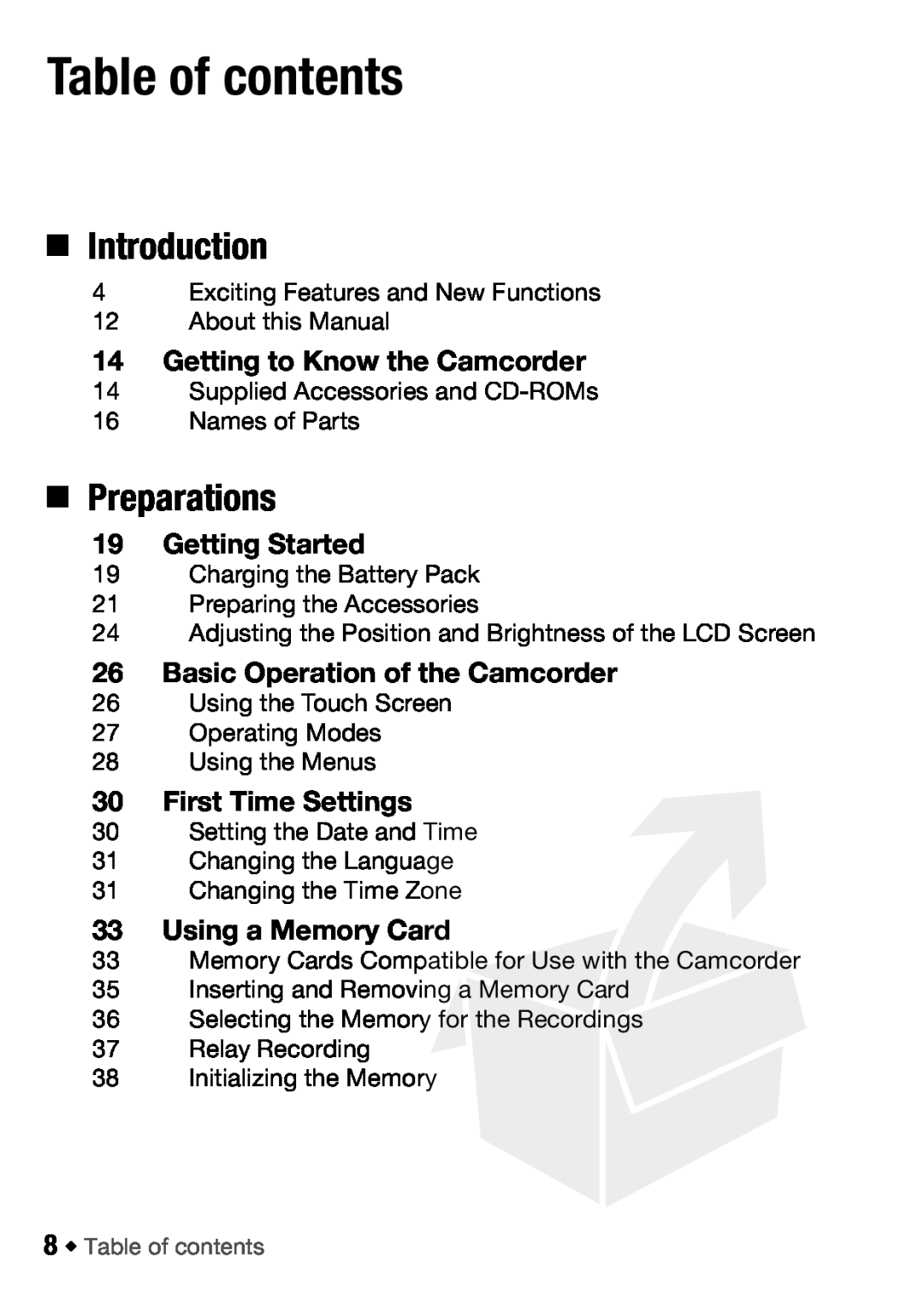Canon HFM406, HFM46 Table of contents, „ Introduction, „ Preparations, Getting to Know the Camcorder, Getting Started 